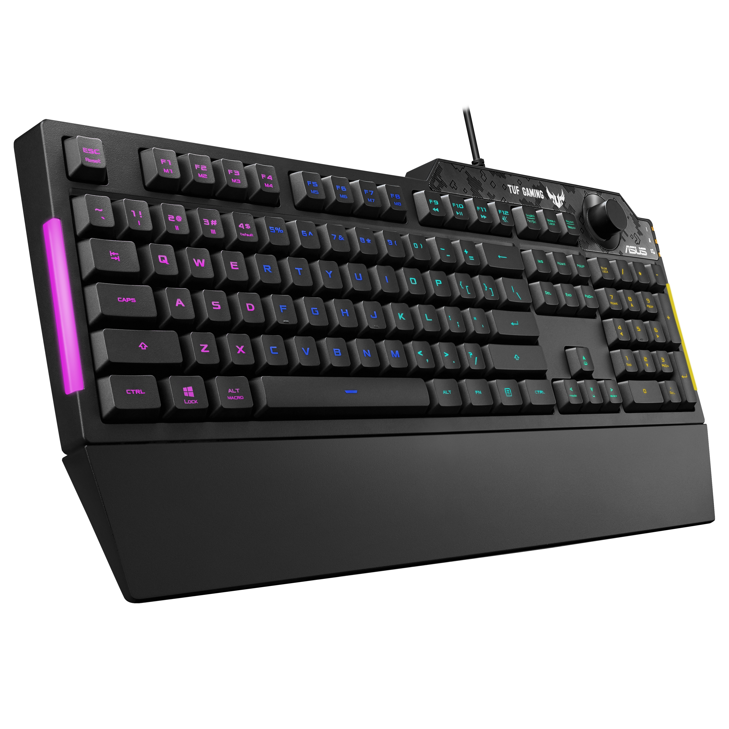 Czarna klawiatura dla graczy. Podświetlenie RGB. Podpórka pod nadgarstek. Logo ASUS TUF Gaming. Pokrętło po prawej.