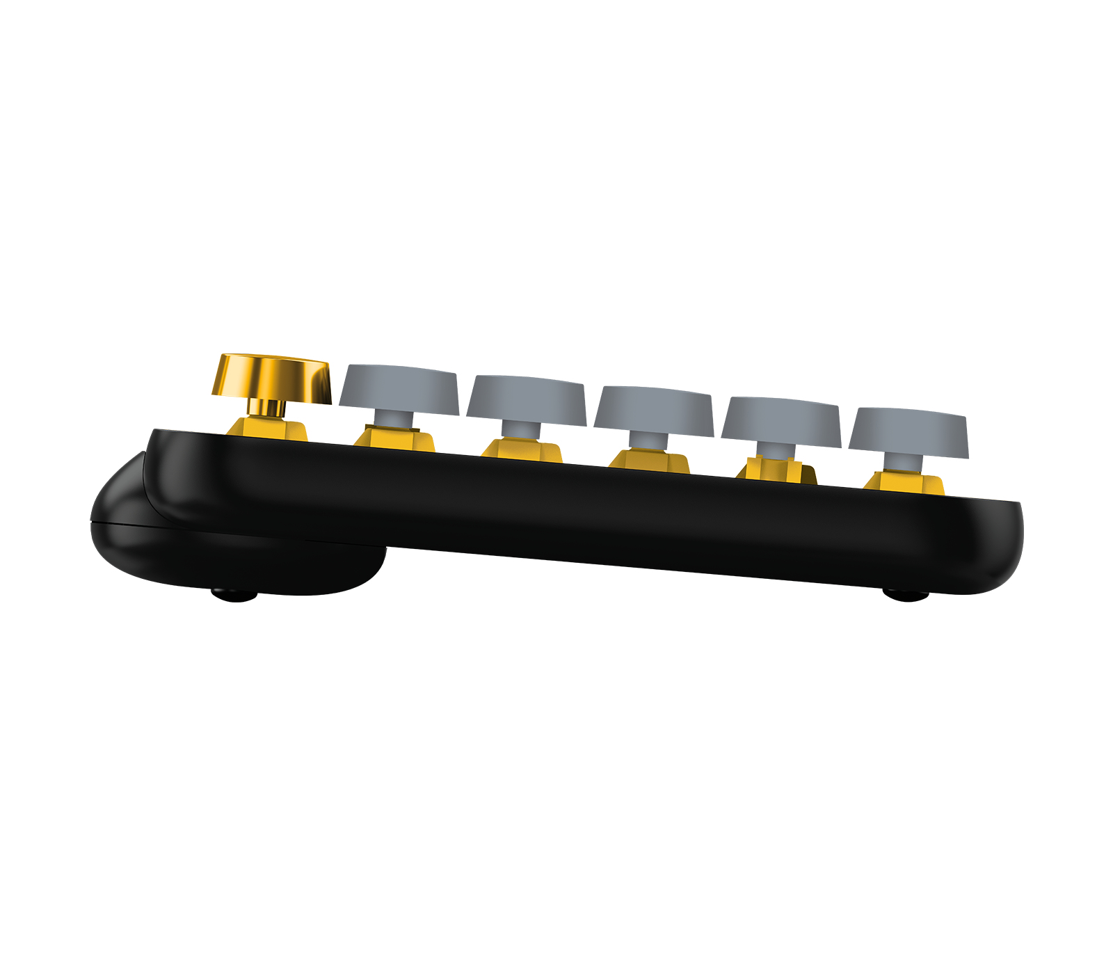 Seitenansicht einer schwarzen Tastatur mit grauen und goldenen Tasten. Die Tastatur ist auf weißem Grund.