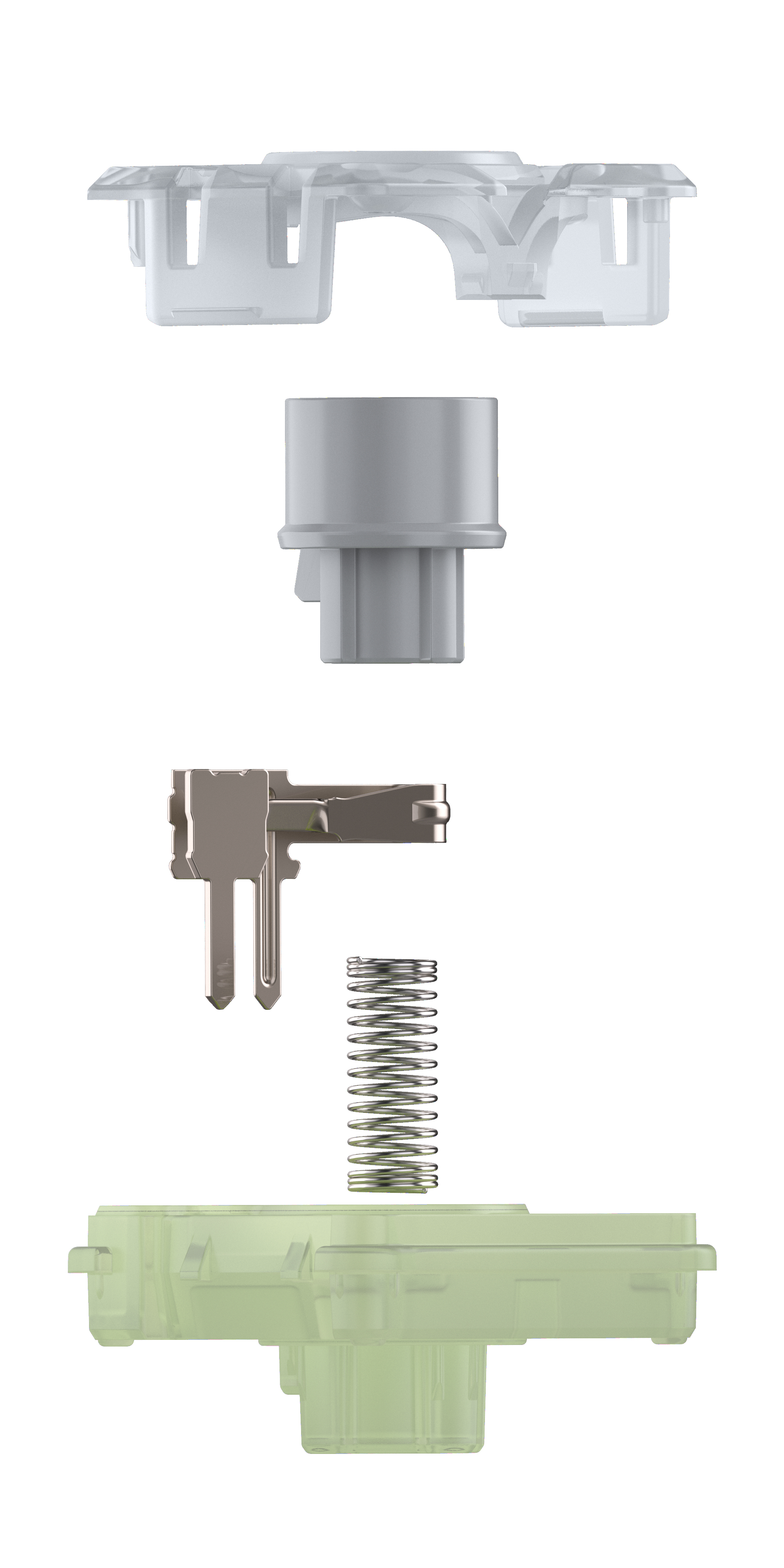 Widok rozstrzelony przełącznika klawiatury. Zawiera górny, dolny, trzpień i sprężynę.