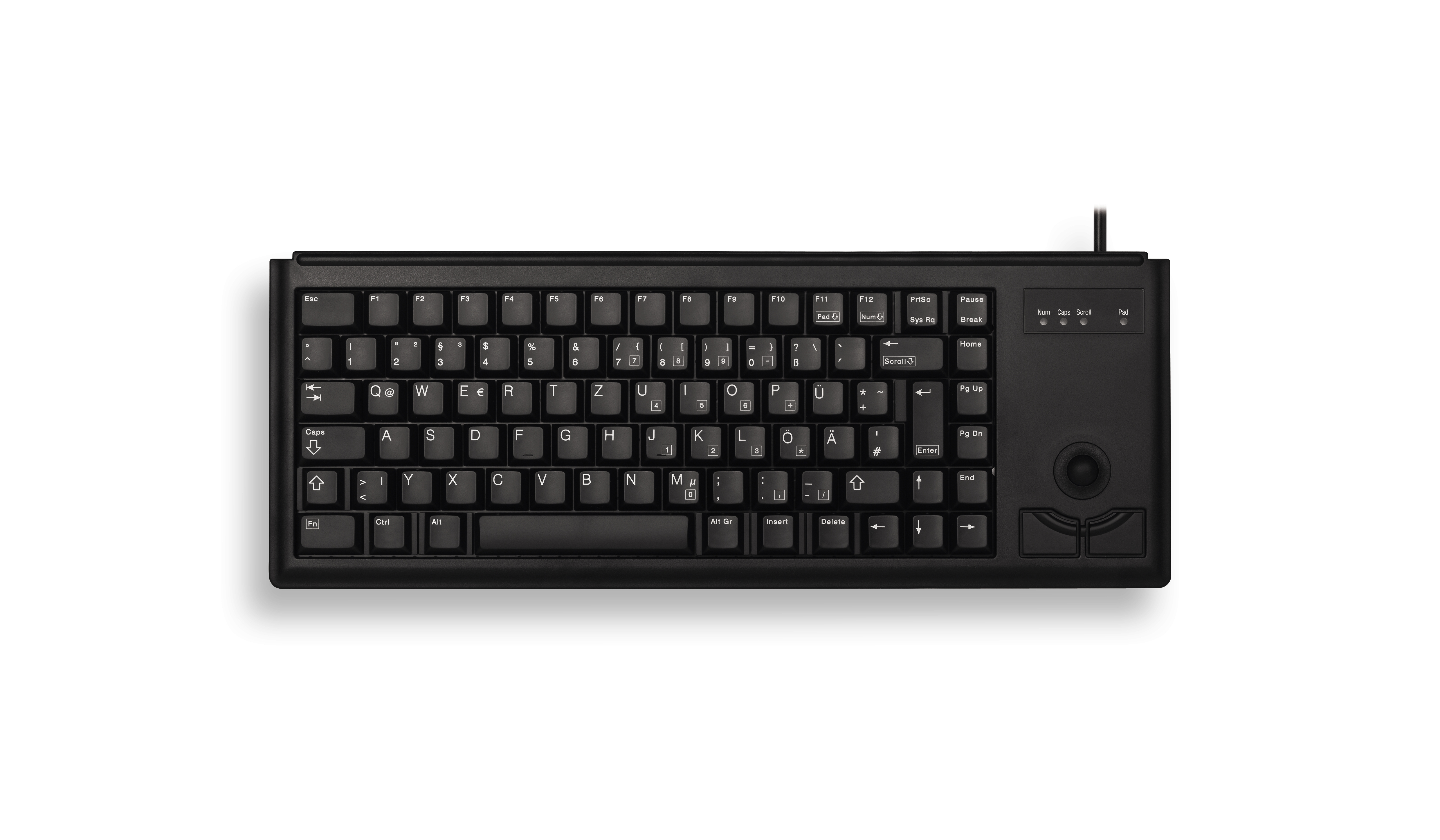Una tastiera nera con trackball. Ha tasti per lettere, numeri e funzioni speciali.