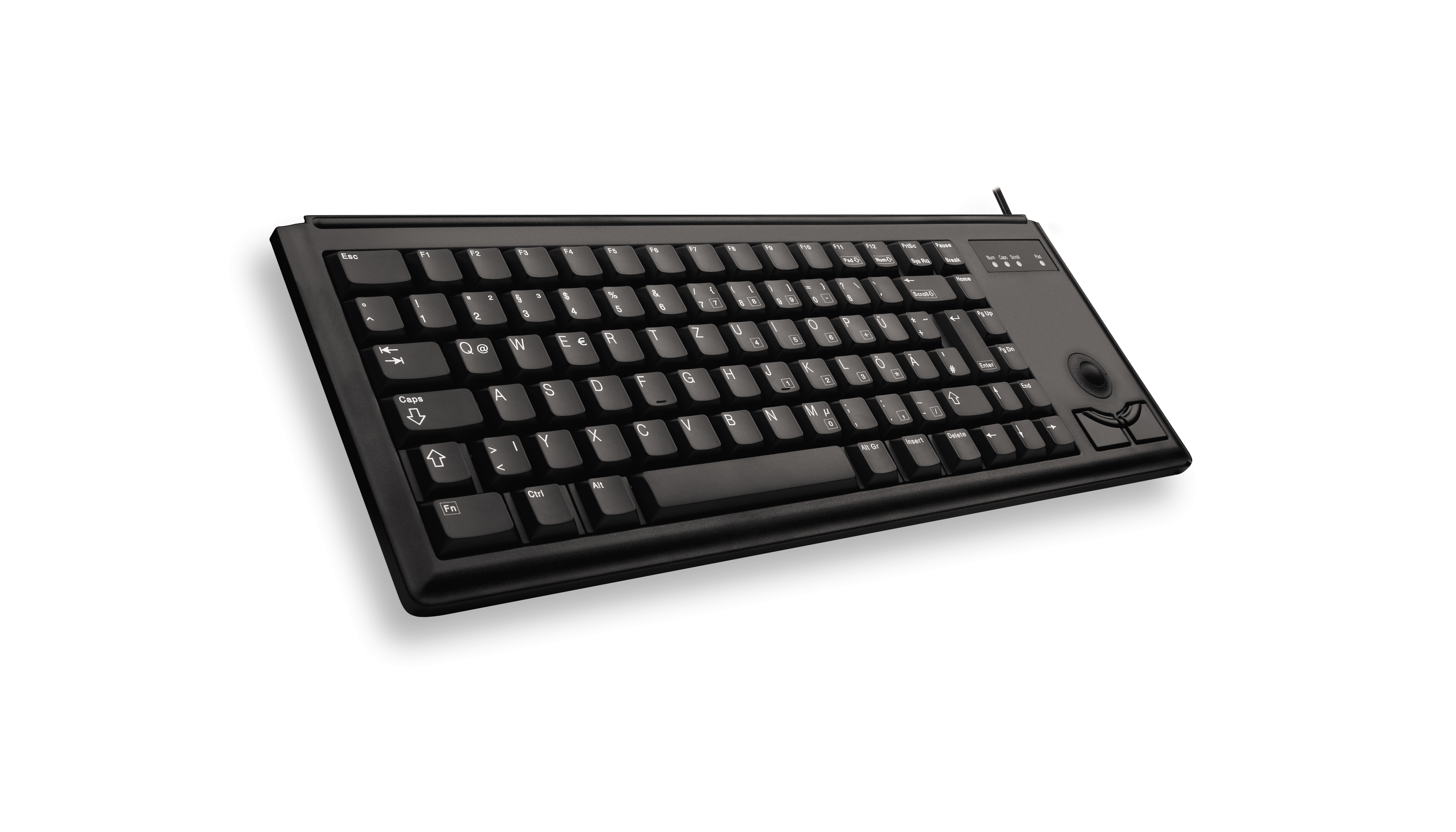 Tastiera nera su bianco. I tasti sono etichettati con lettere, numeri e simboli. C'è una trackball a destra.