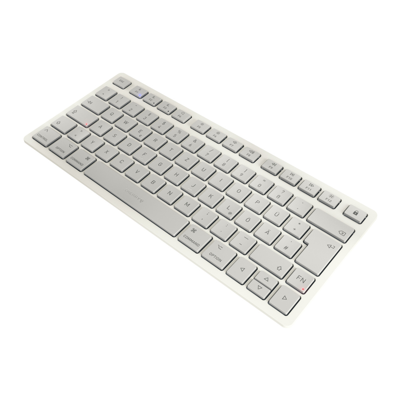 Un teclado pequeño y blanco con teclas gris claro.