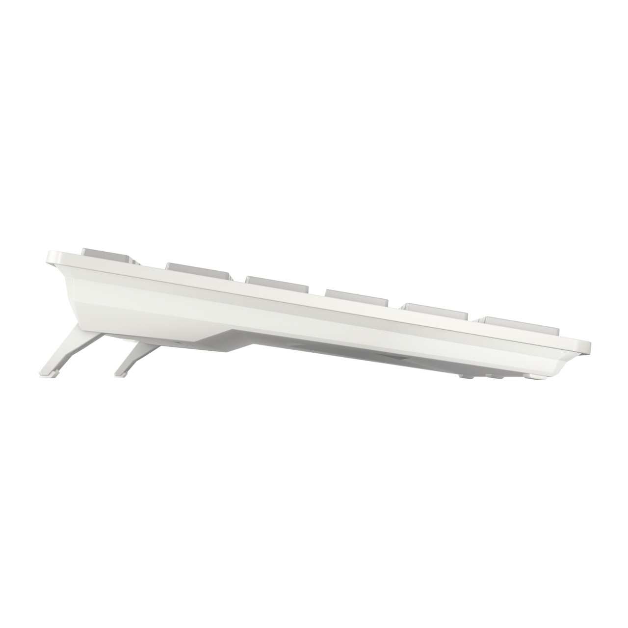 Teclado blanco, vista inferior, con dos patas extendidas. Está sobre un fondo blanco.