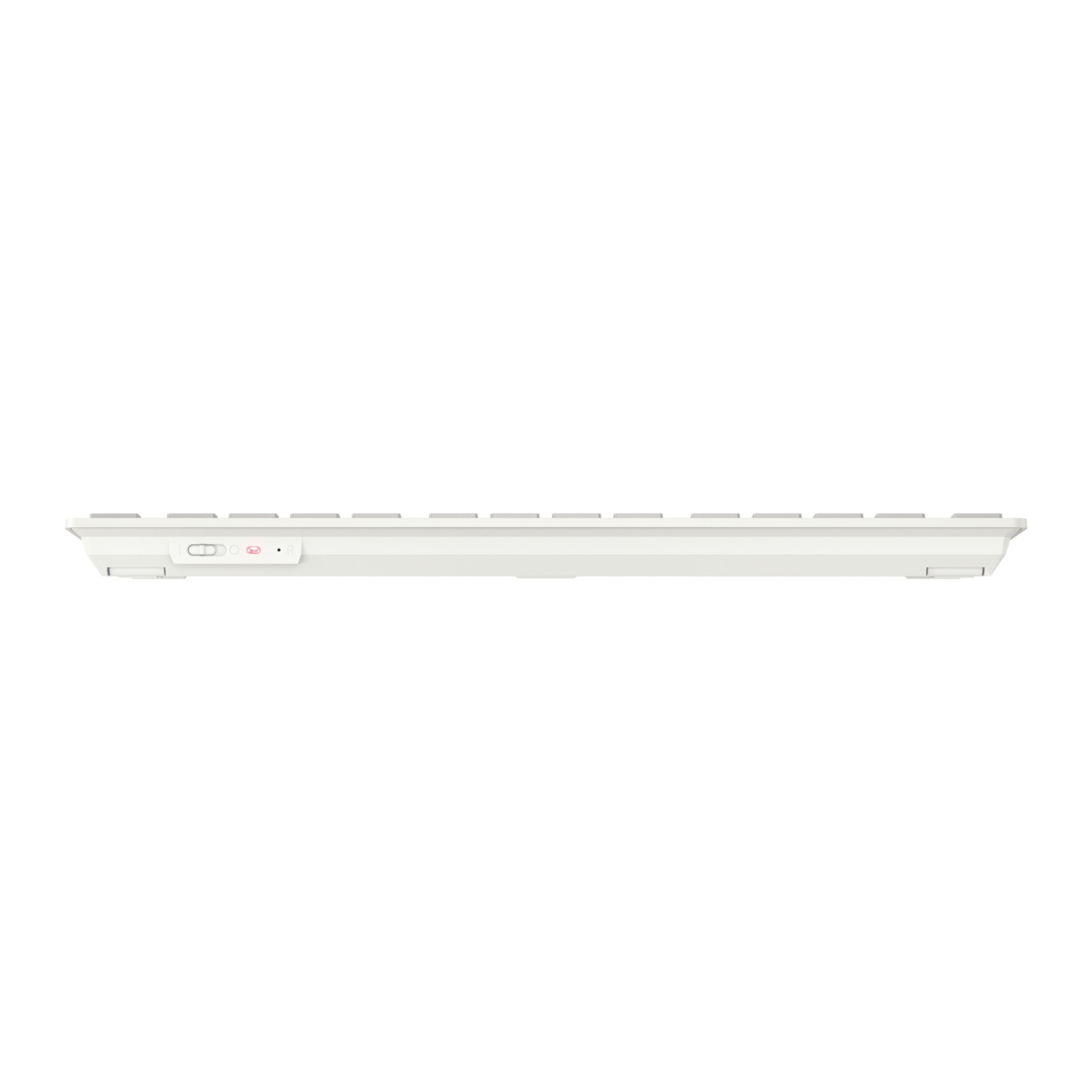 Un teclado blanco, vista lateral, con botón de encendido e indicadores luminosos.