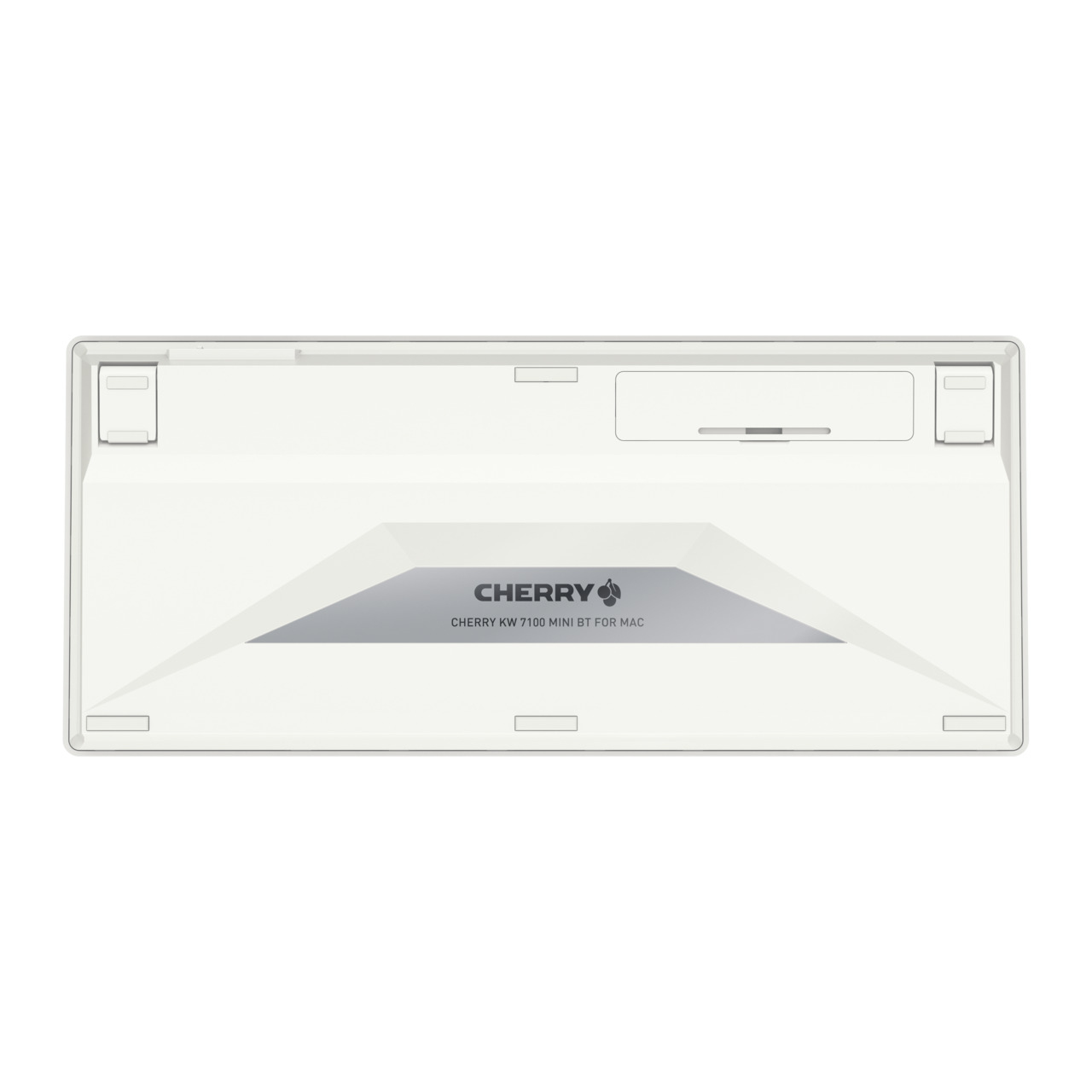 Parte inferior del teclado blanco, fondo blanco.