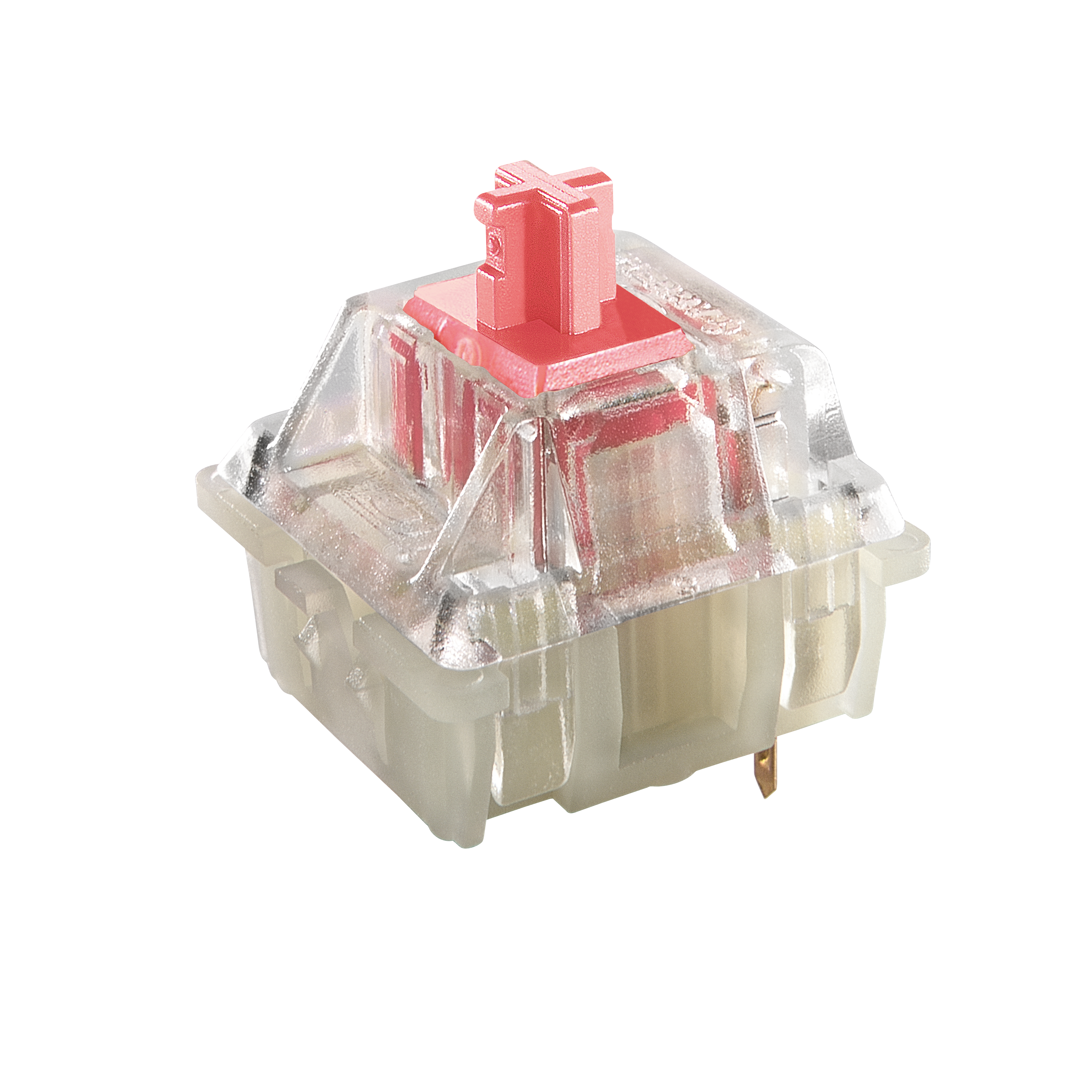 Przełącznik klawiatury mechanicznej. Różowy trzpień, przezroczysta obudowa, złote piny.