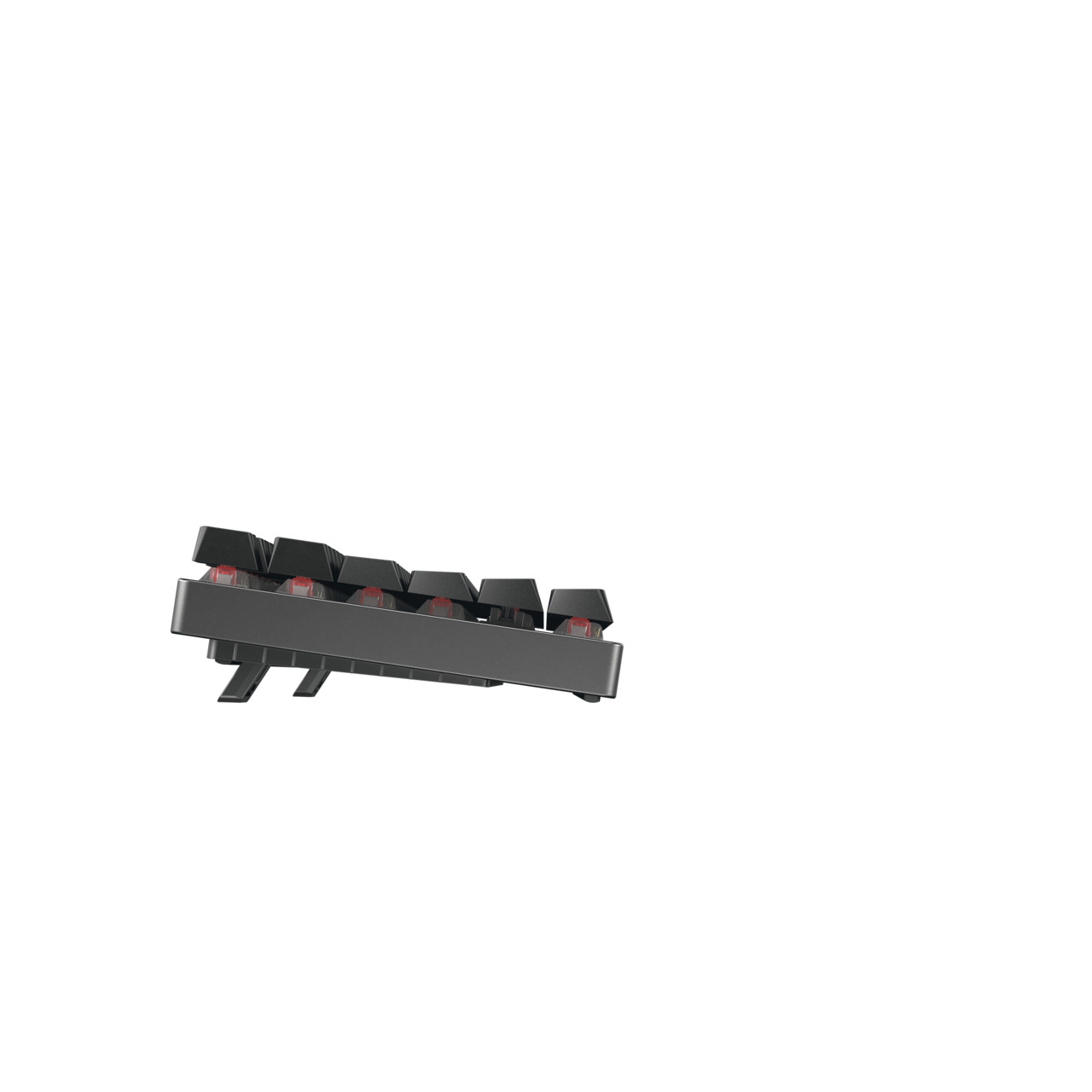 Side view of black keyboard keys with red backlighting. A few keys are in focus.