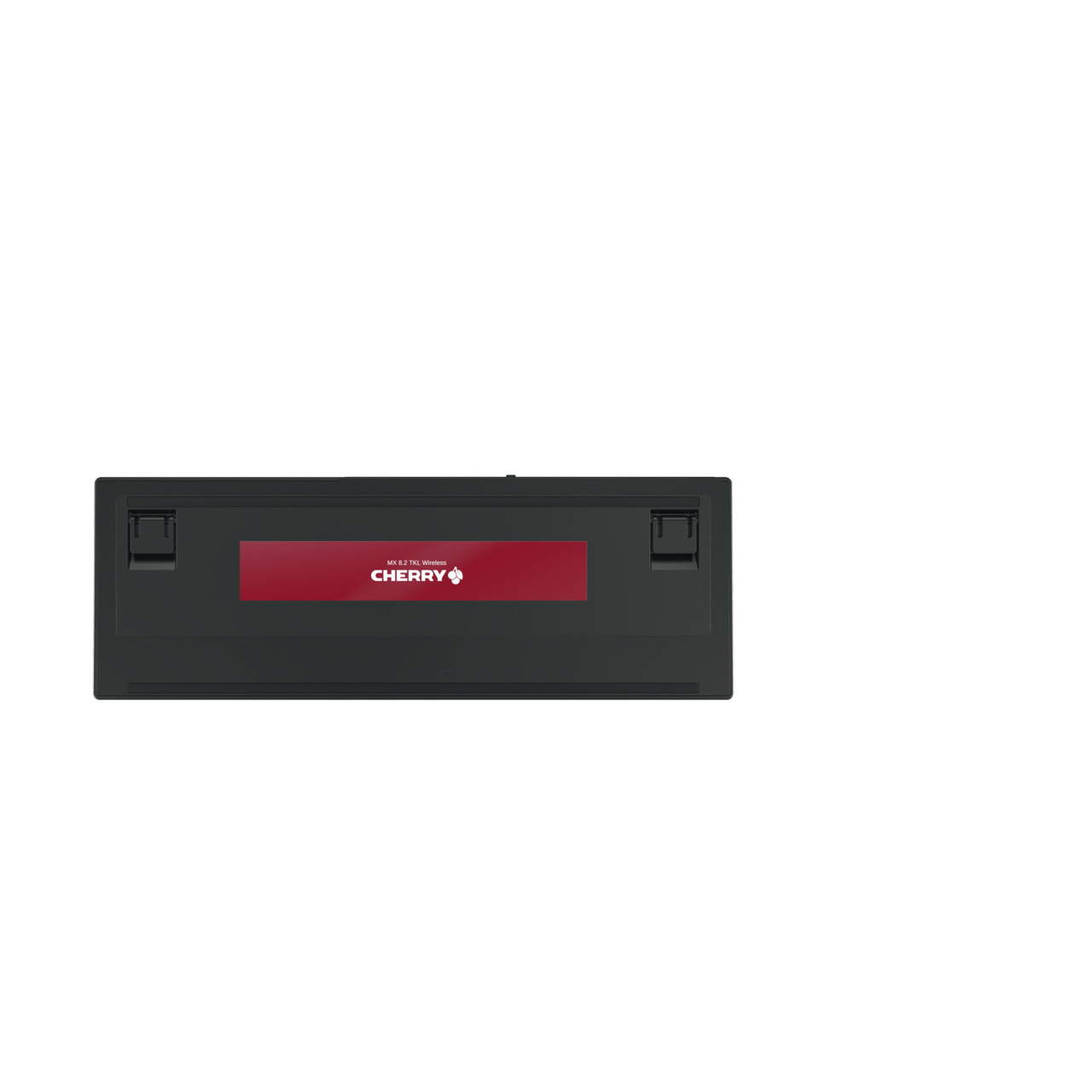 Zwart Cherry Xtrfy toetsenbord, achteraanzicht, met een rood logo.