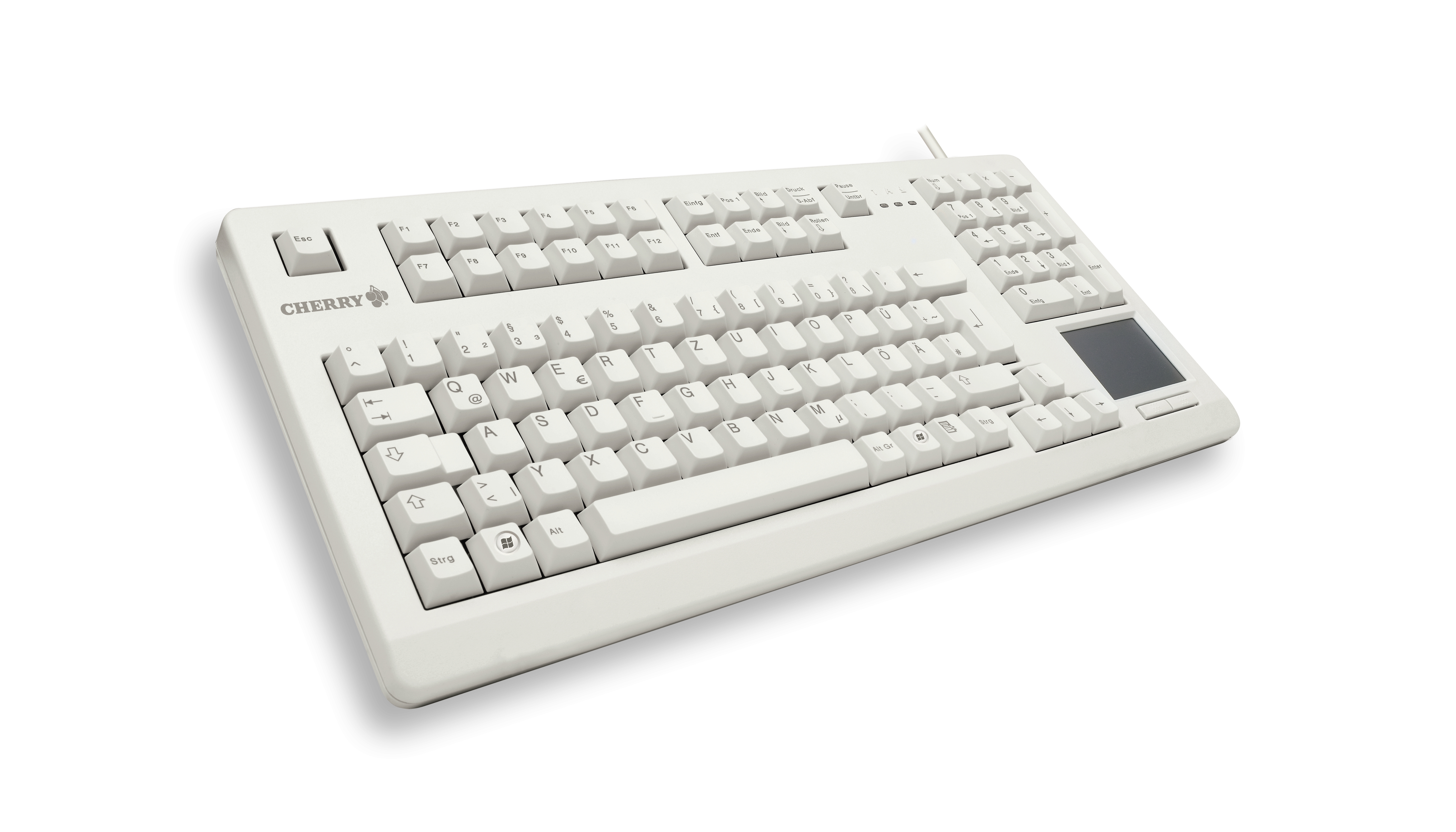 Weiße Tastatur mit Touchpad. Marke CHERRY. Standard-Tastaturlayout, mit separatem Nummernblock.