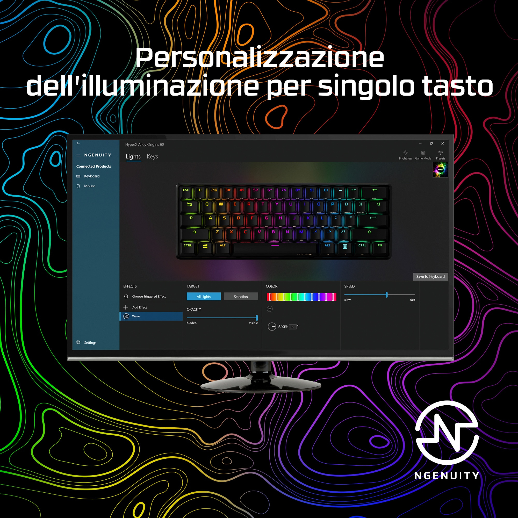 Un monitor di computer che mostra un'interfaccia di personalizzazione della tastiera. L'interfaccia mostra luci, tasti e colori.