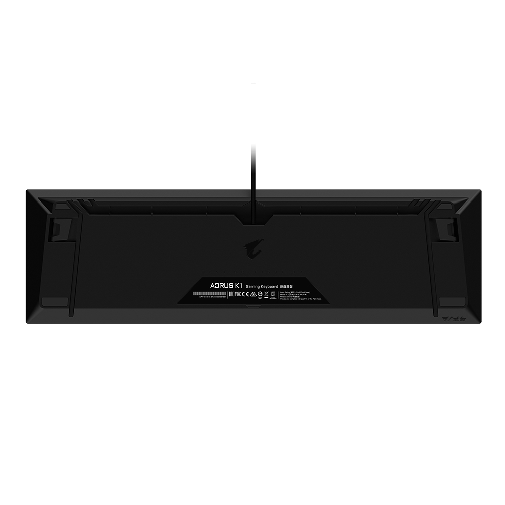 Tastiera gaming AORUS K1 nera, vista dall'alto. Marchio visibile.