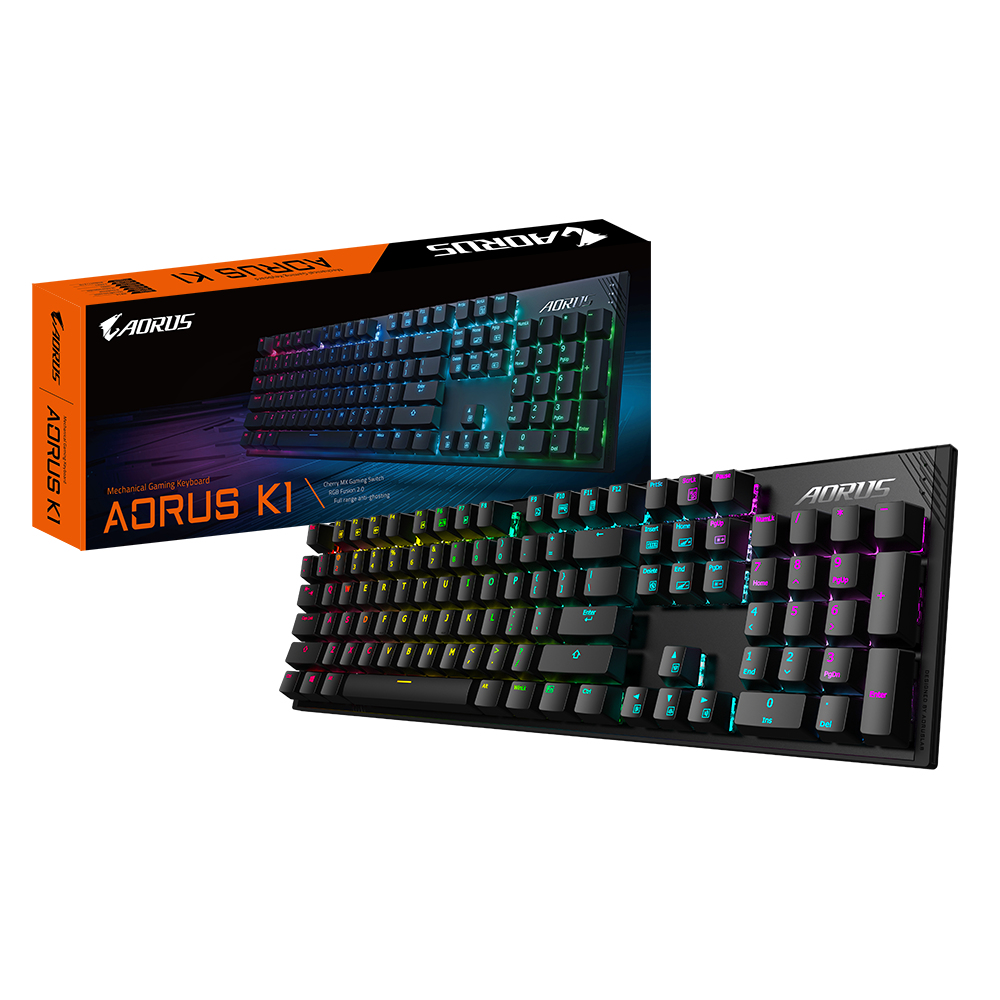 Tastiera da gioco meccanica AORUS K1 nera con luci RGB. La scatola è visibile.