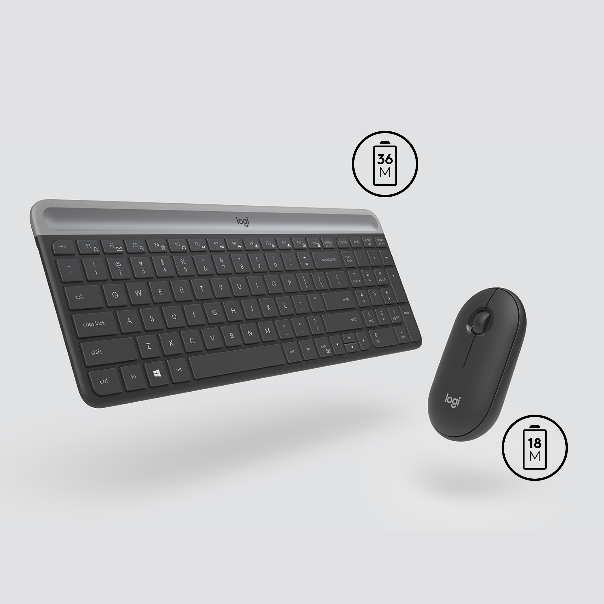 Schwarzes Tastatur- und Maus-Set auf weißem Hintergrund, mit Batteriestandsanzeigen.