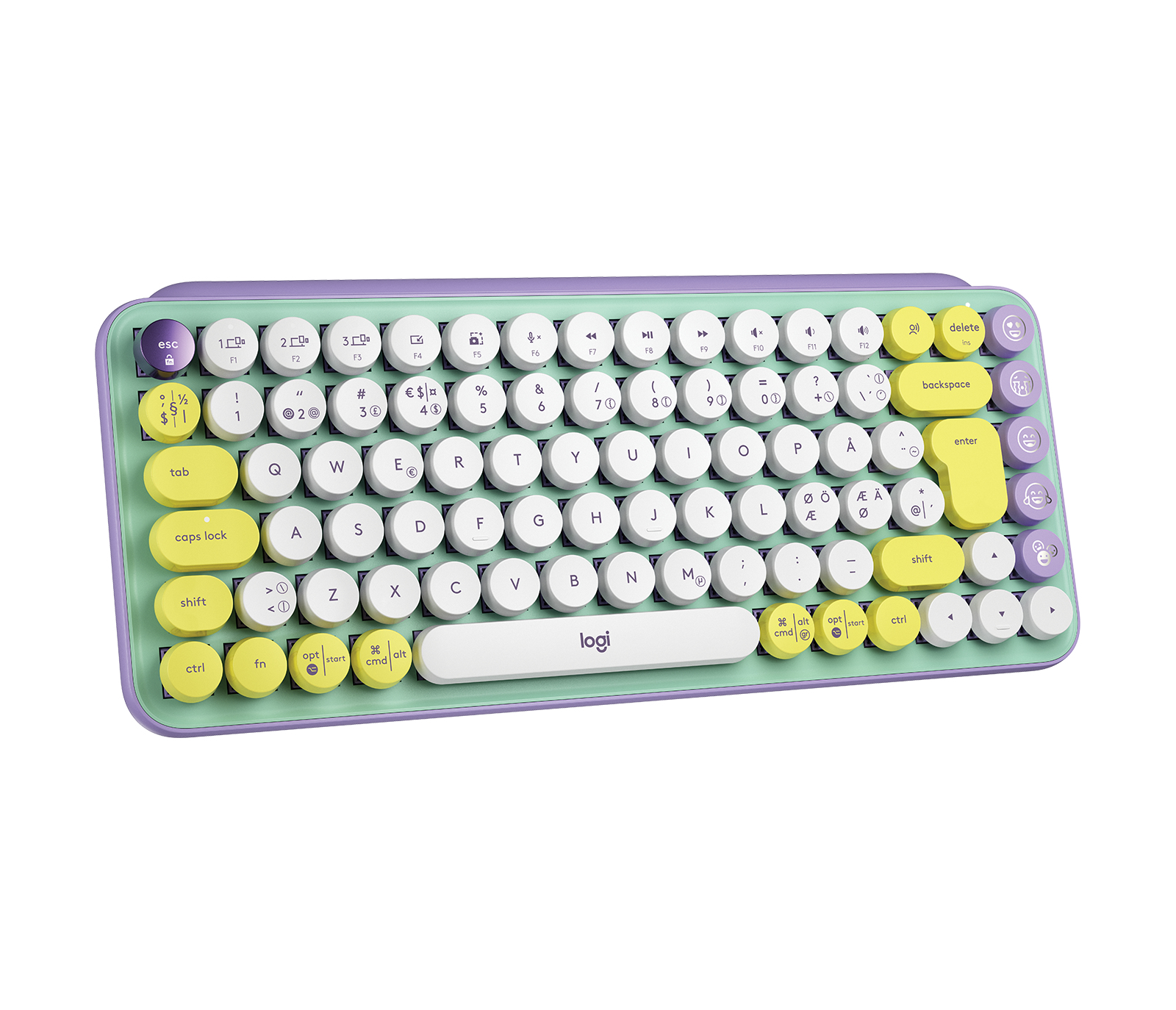 Una tastiera dai colori pastello con tasti rotondi. Tasti gialli e viola presenti. Logi davanti.
