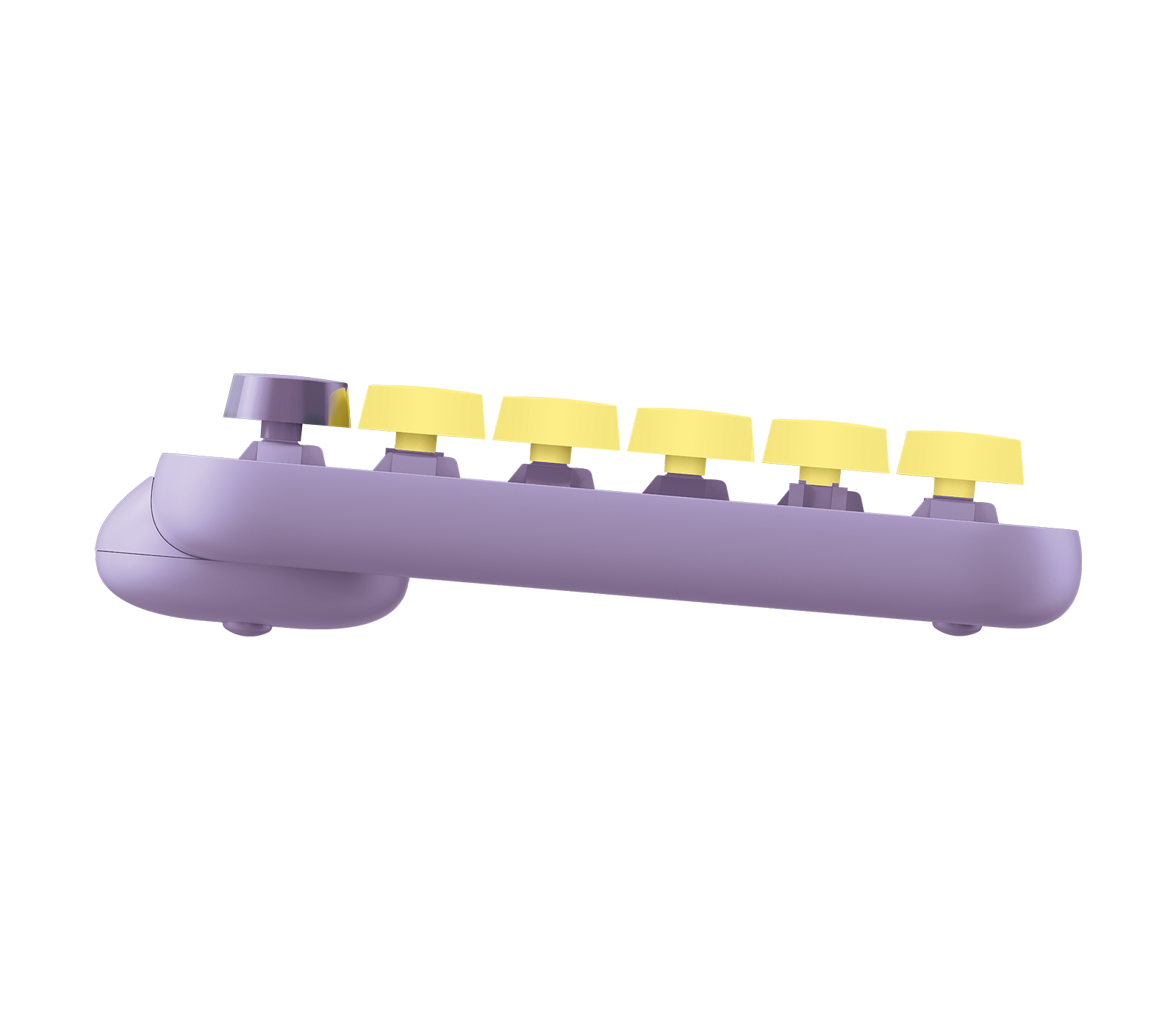 Una tastiera viola con tasti gialli.