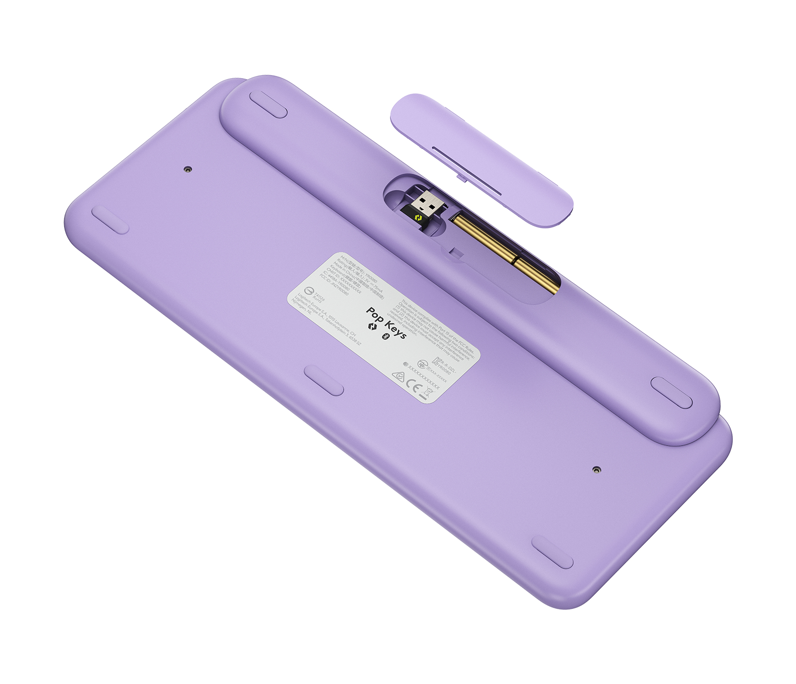 Vista inferiore di una tastiera viola con ricevitore USB. La tastiera ha una forma rettangolare ed etichette bianche.