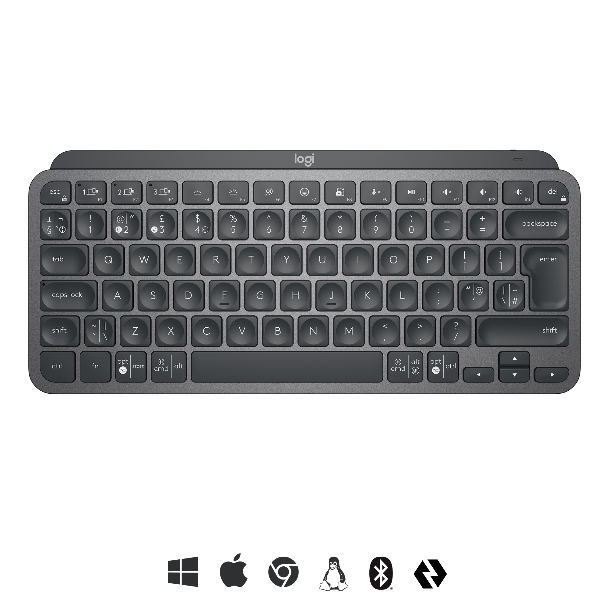 Graue Logitech-Tastatur mit verschiedenen Tasten und Symbolen auf weißem Untergrund.