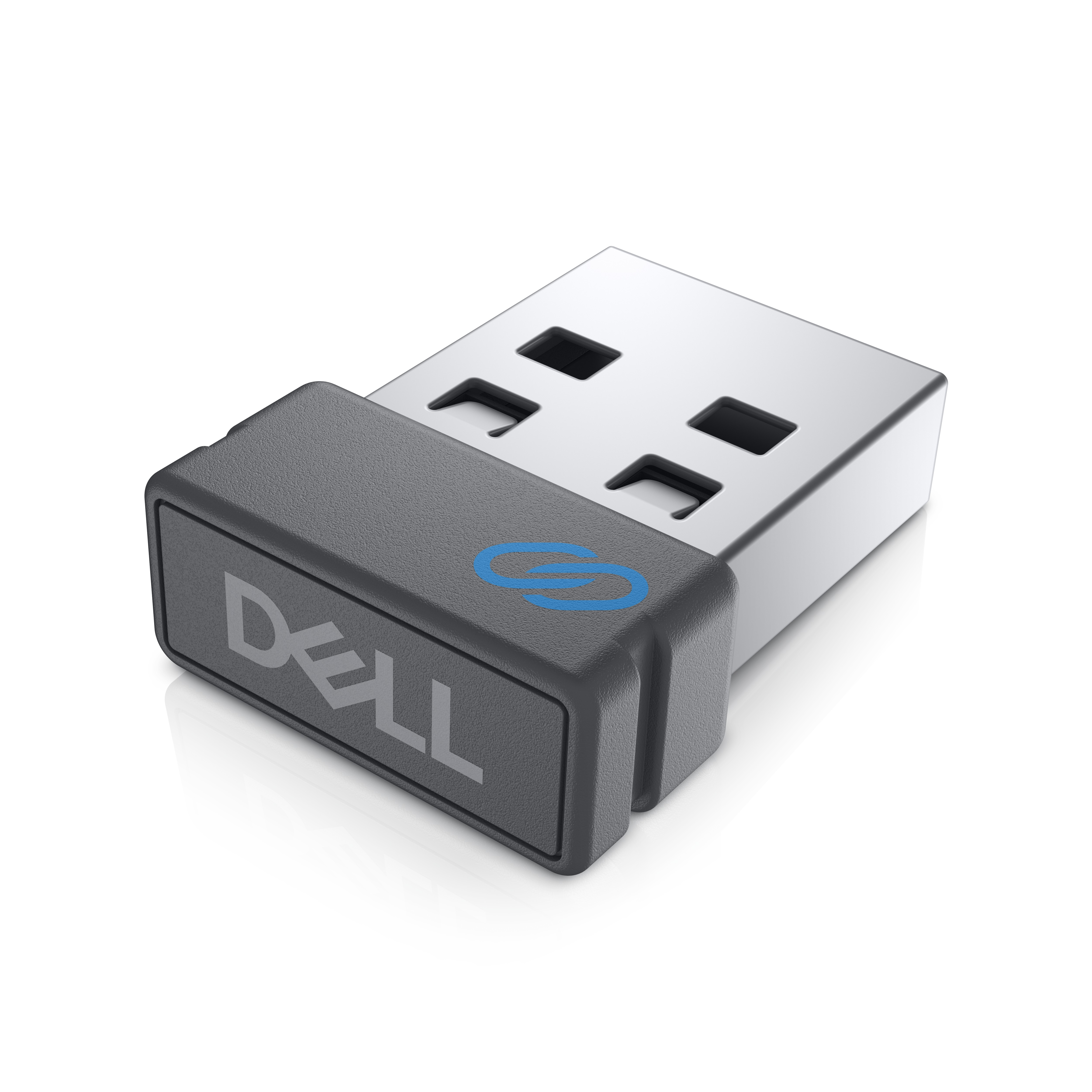 Adapter bezprzewodowy USB firmy Dell z logo Dell. Szary i czarny. Białe tło.