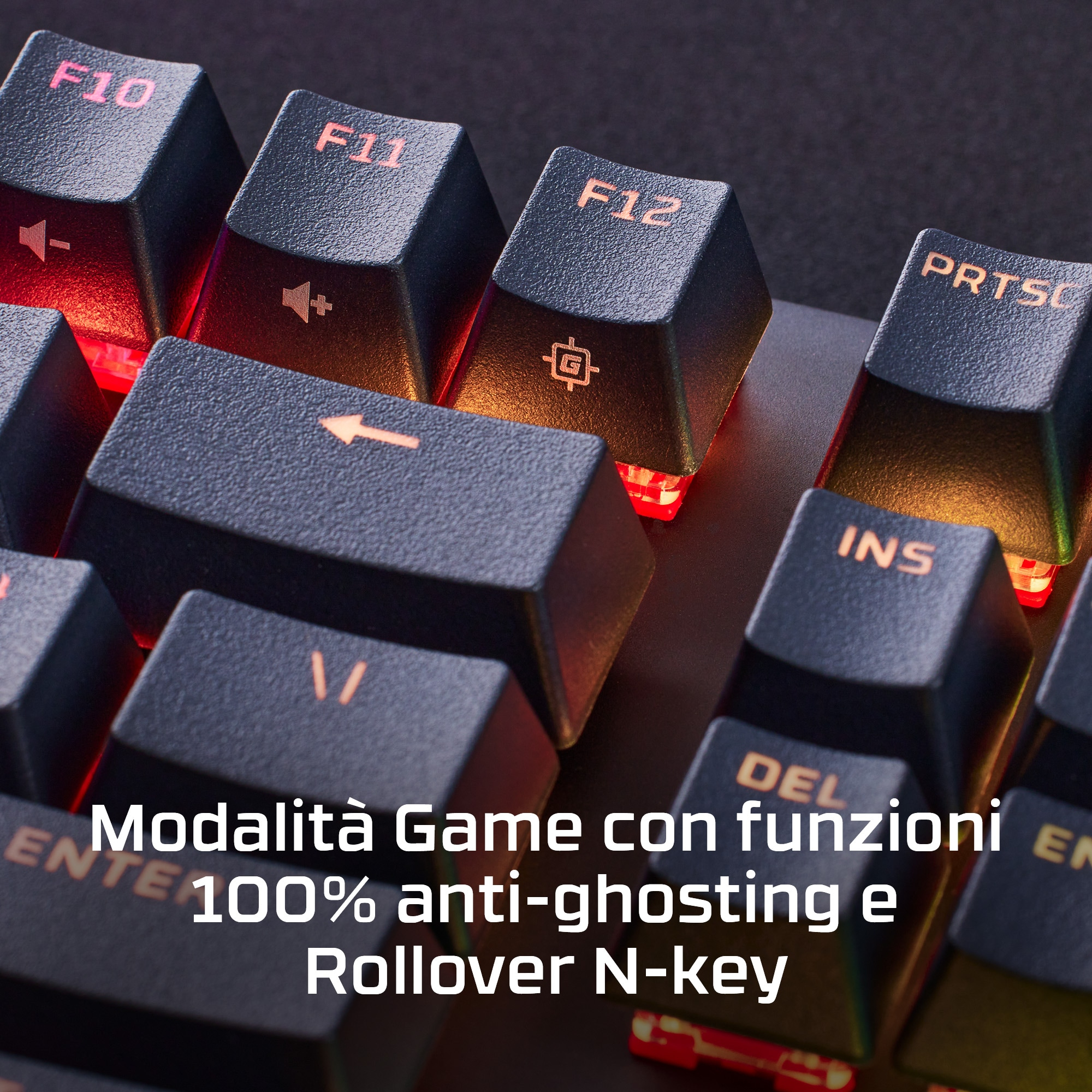 Primo piano di una tastiera con tasti illuminati. Testo in italiano sulle funzioni di gioco.
