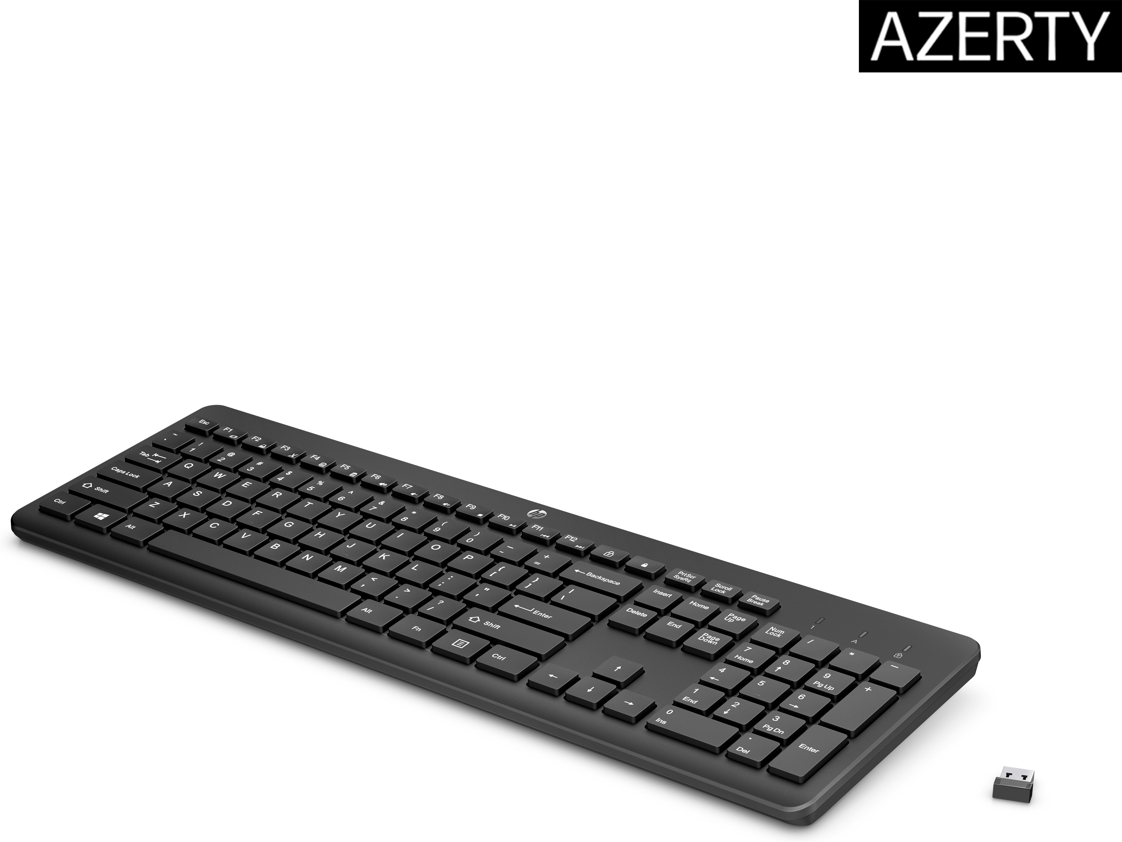 Schwarze Tastatur mit USB-Empfänger, auf weißem Hintergrund gezeigt.