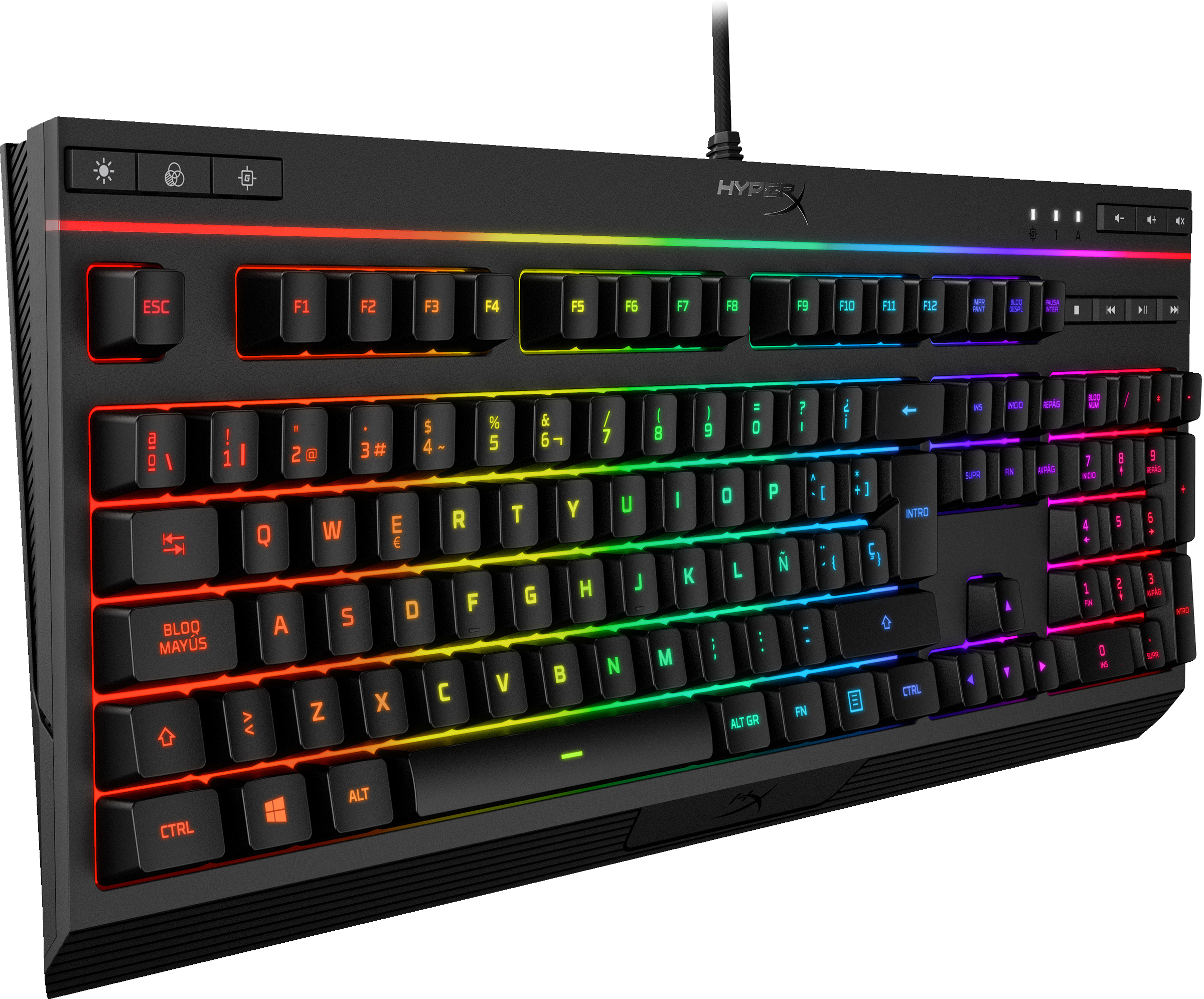 Tastiera gaming nera con luci colorate. I tasti sono illuminati con effetti arcobaleno.