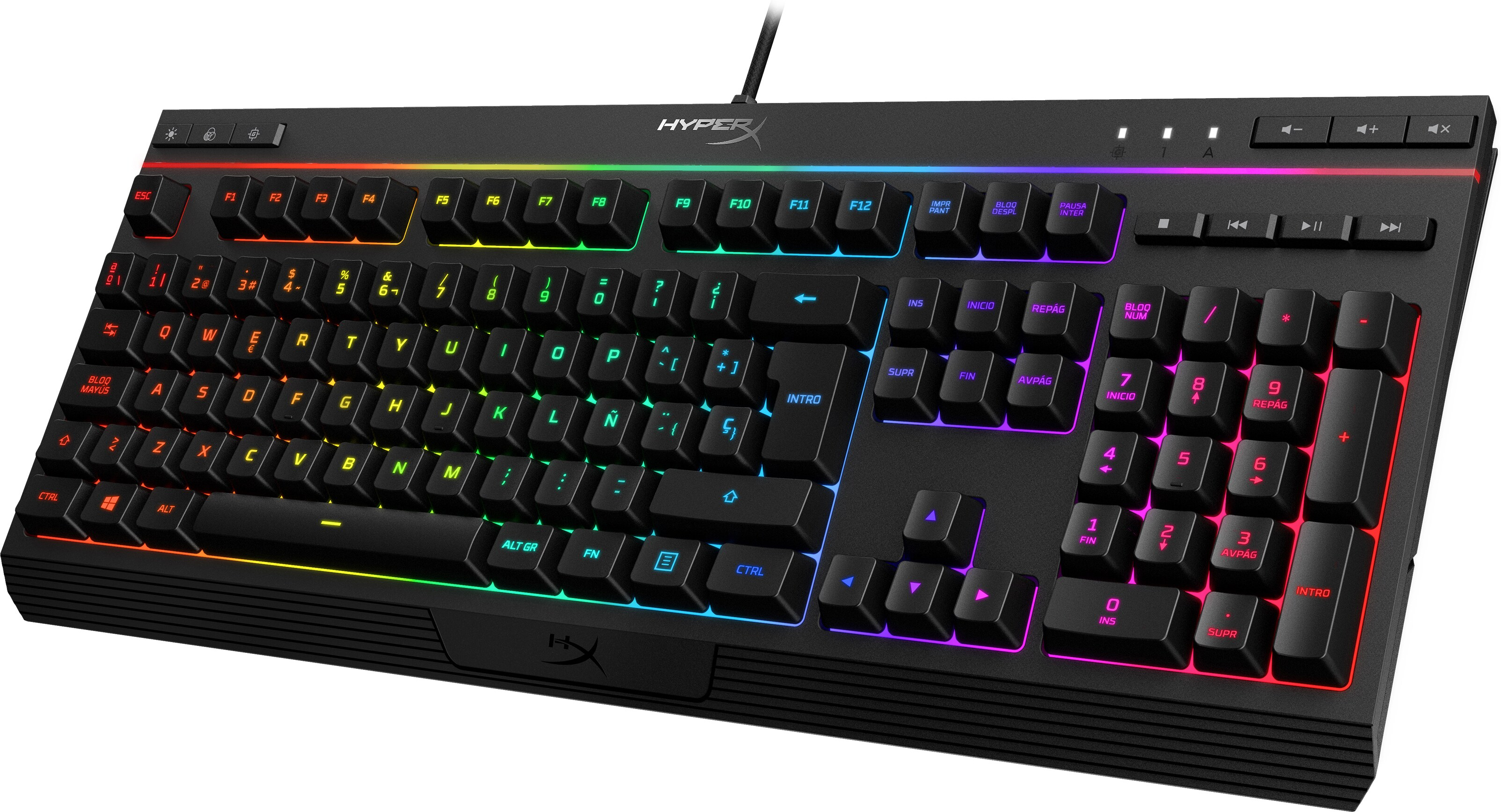 Tastiera gaming nera con tasti retroilluminati colorati. Il layout include un tastierino numerico.