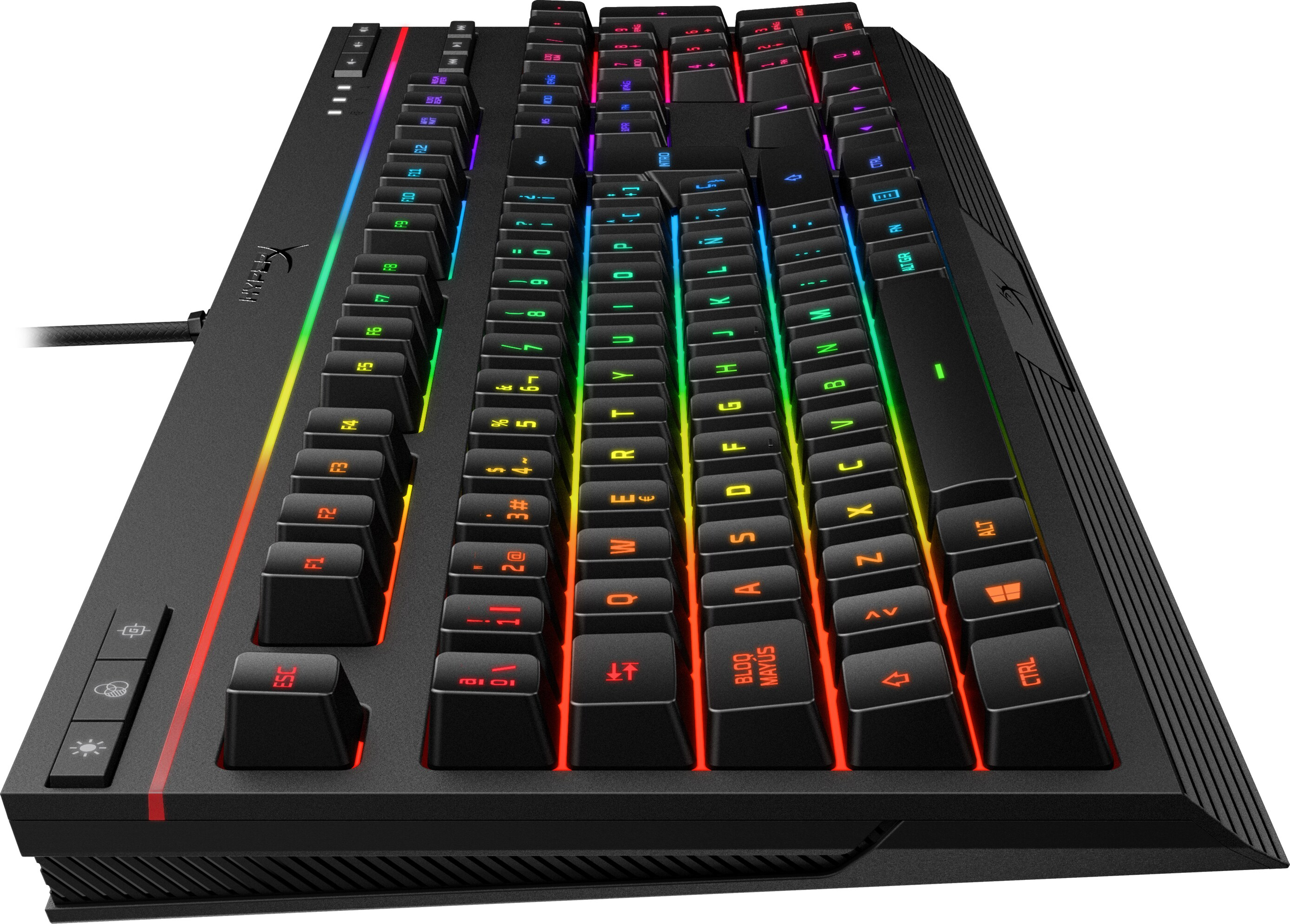 Tastiera nera con illuminazione RGB. Tasti colorati e cornice nera. Sfondo bianco.