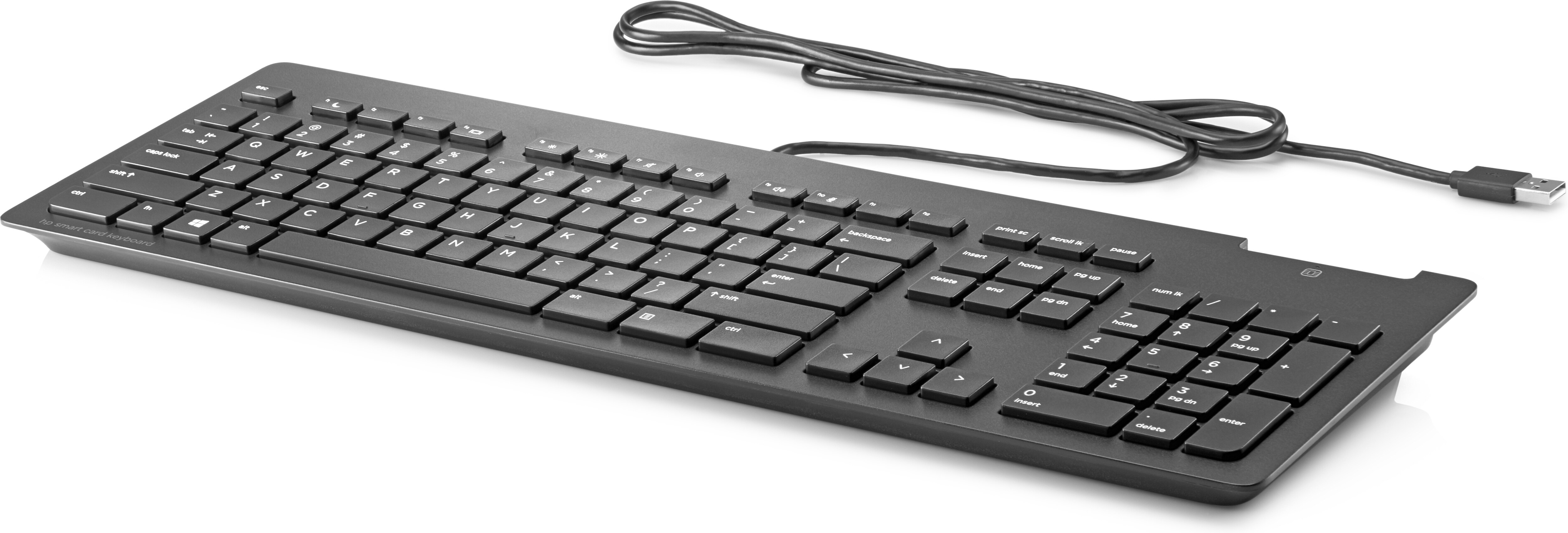 Una tastiera per computer nera con tastierino numerico e cavo USB. I tasti sono neri.