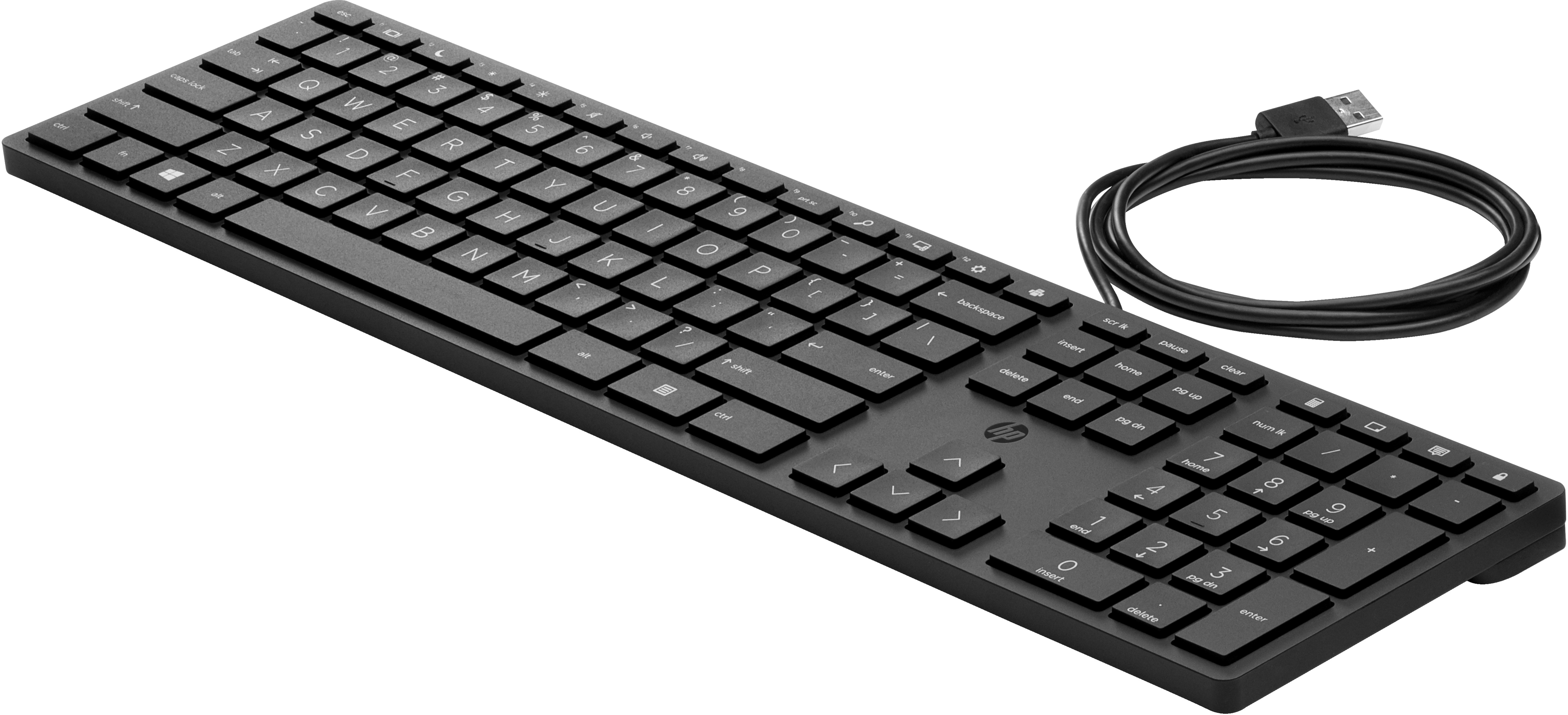 Tastiera HP nera con tastierino numerico e cavo USB.