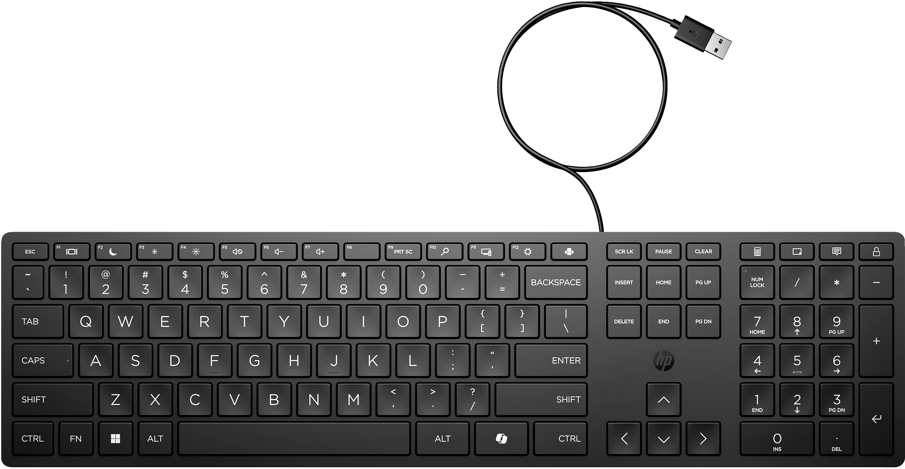 Zwart toetsenbord met witte toetsen. Een USB-kabel aangesloten. Witte achtergrond.