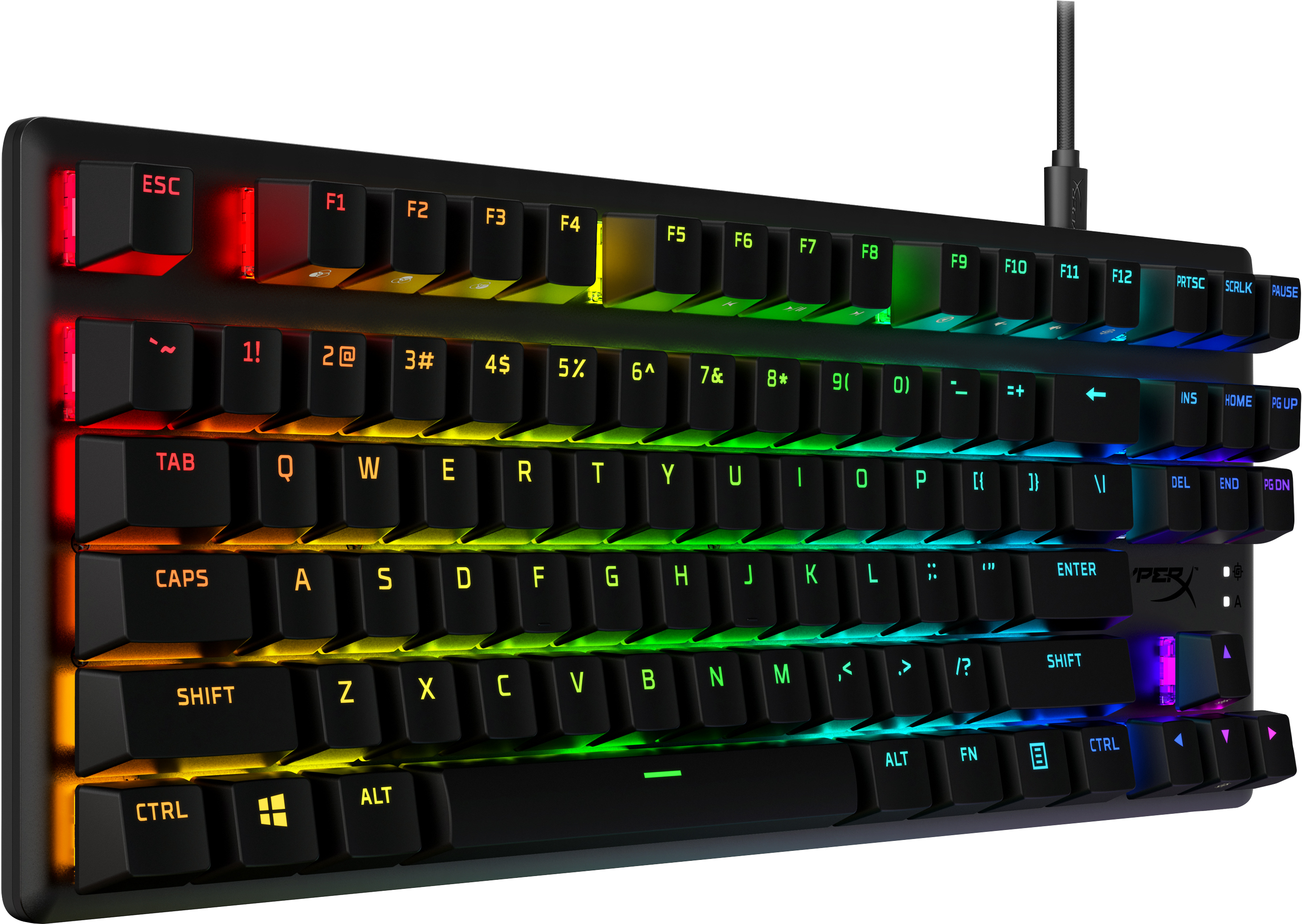 Una tastiera HyperX nera e colorata con tasti illuminati.