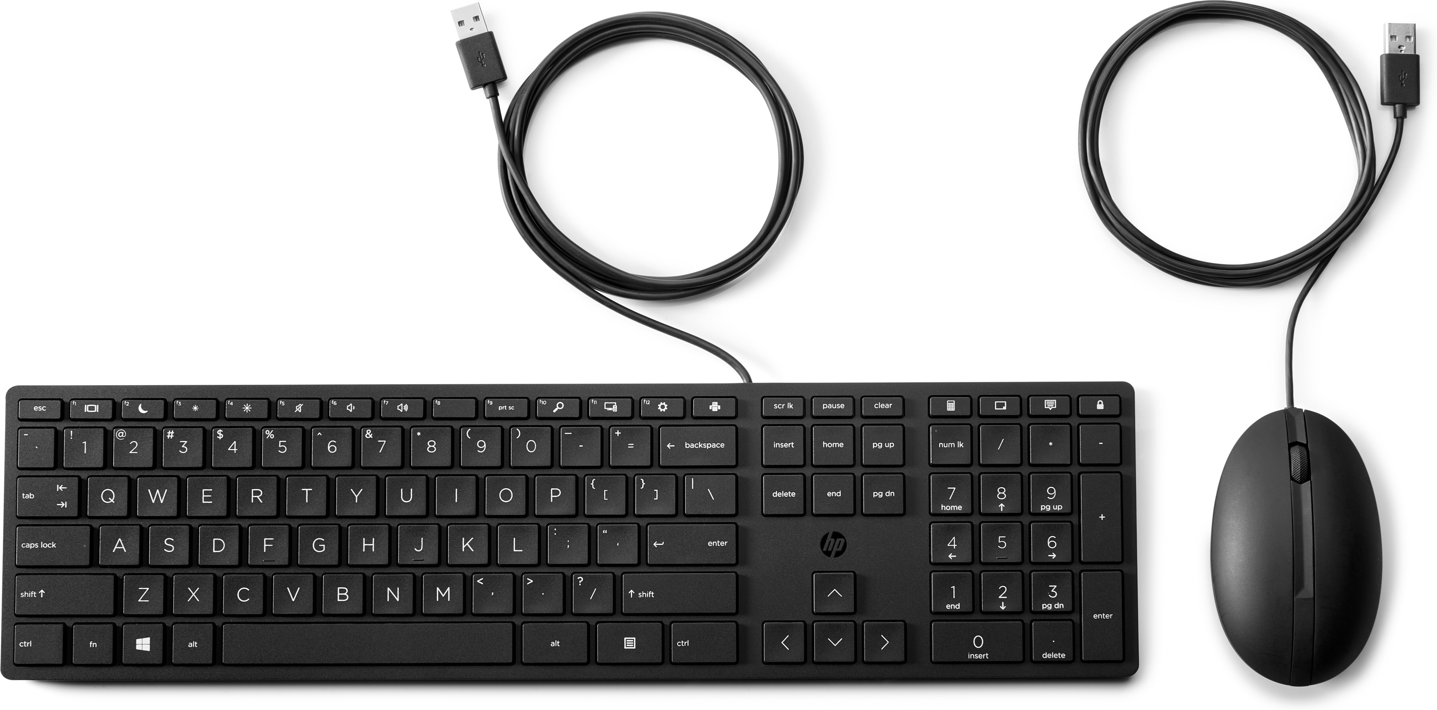Una tastiera e un mouse neri collegati tramite cavi USB. Lo sfondo è bianco.