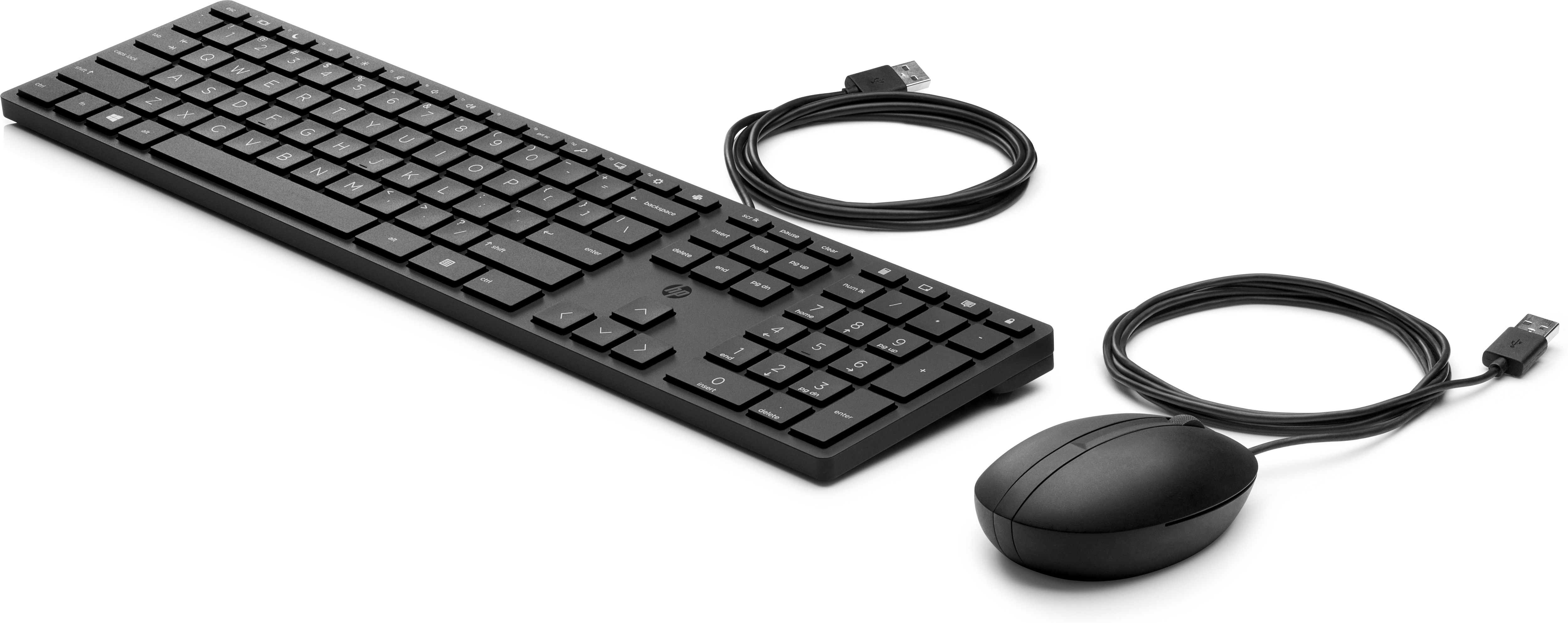 Schwarzes Tastatur- und Maus-Set mit USB-Kabeln. Die Tastatur hat einen Ziffernblock. Weißer Hintergrund.