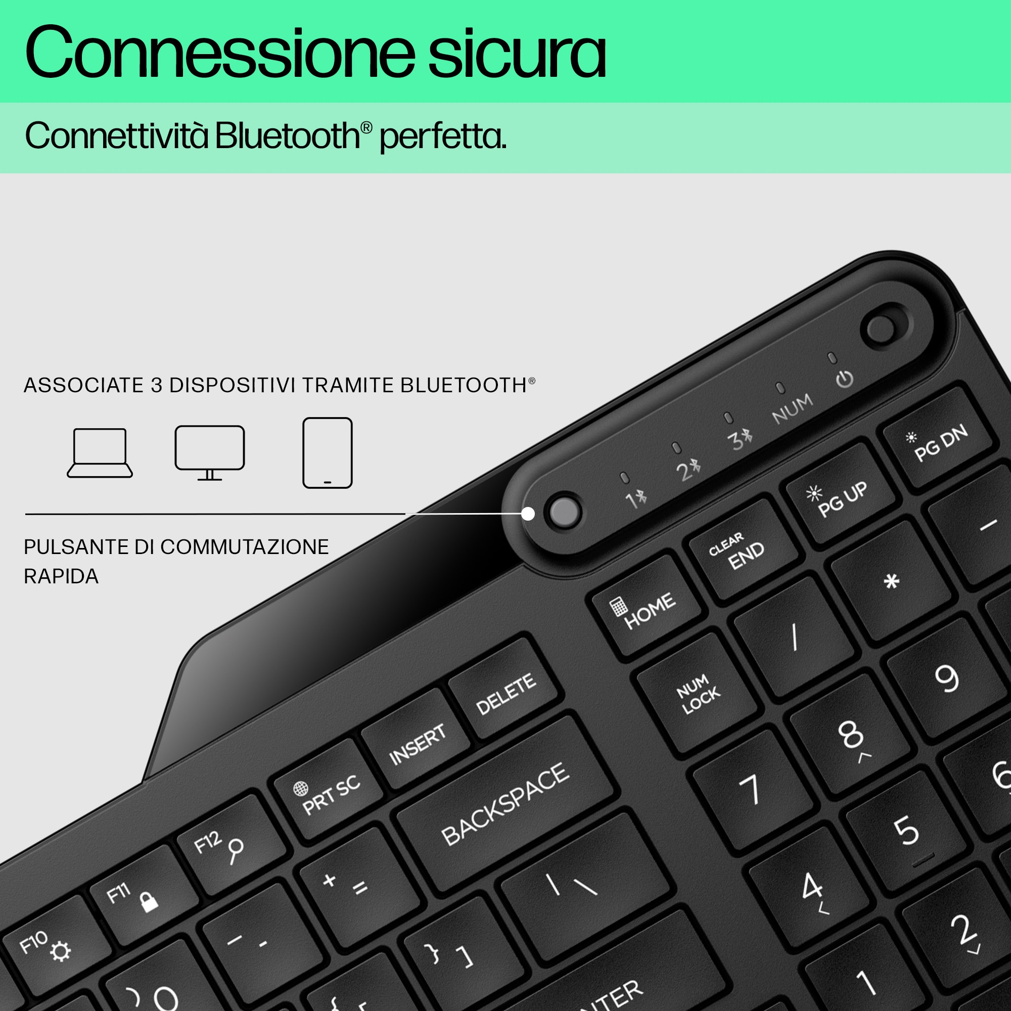 Primer plano de teclado negro, mostrando conectividad Bluetooth y teclas de acceso directo.