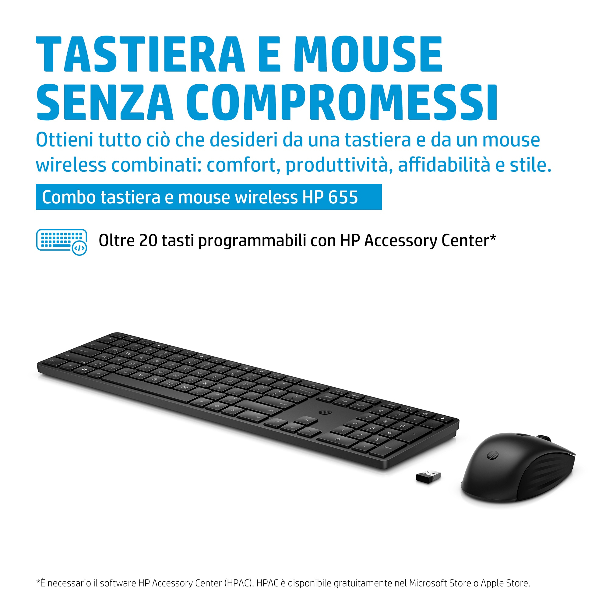 Testo: combo tastiera e mouse senza compromessi. Tastiera e mouse neri su sfondo bianco.