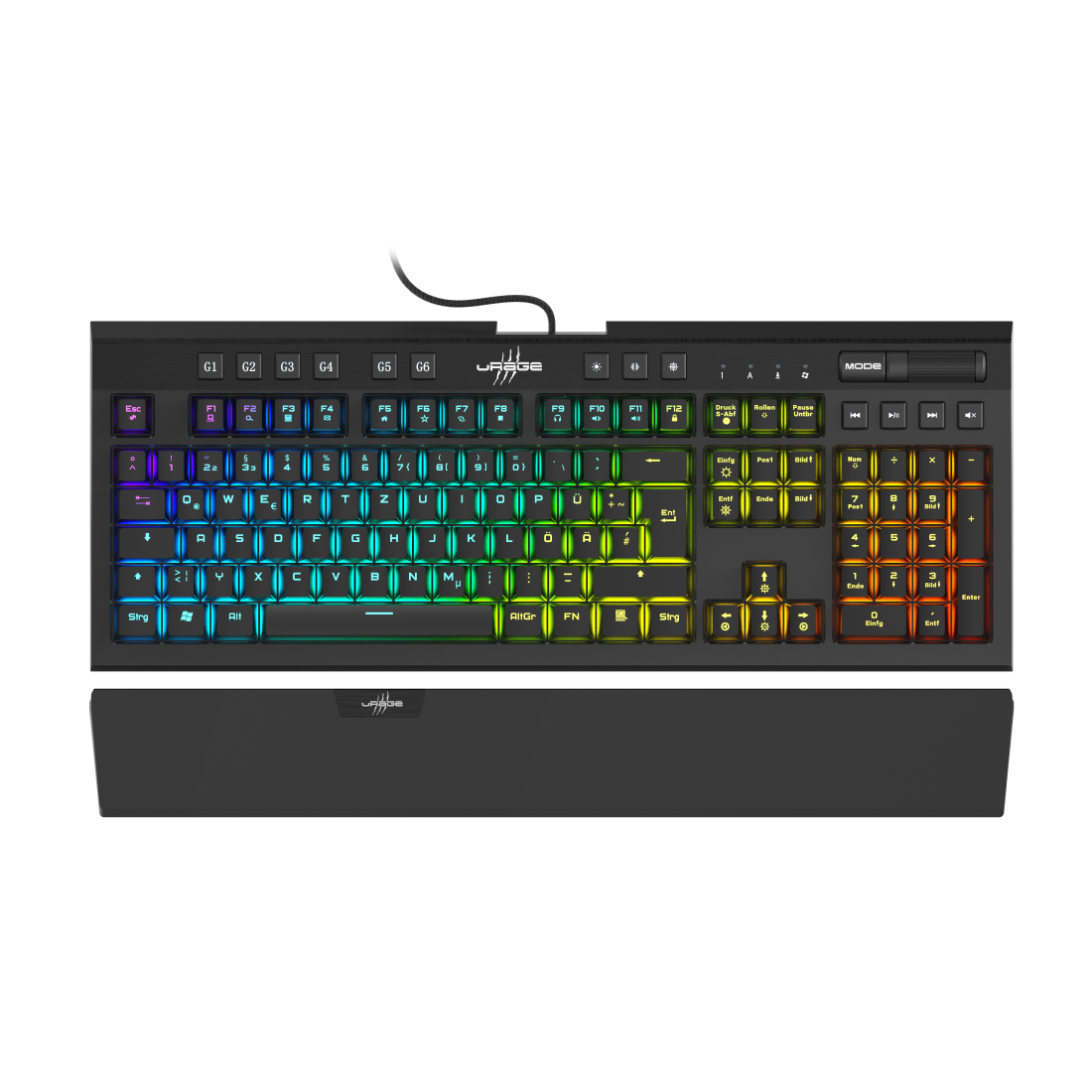 Schwarze Gaming-Tastatur mit bunten, hintergrundbeleuchteten Tasten und Handballenauflage.
