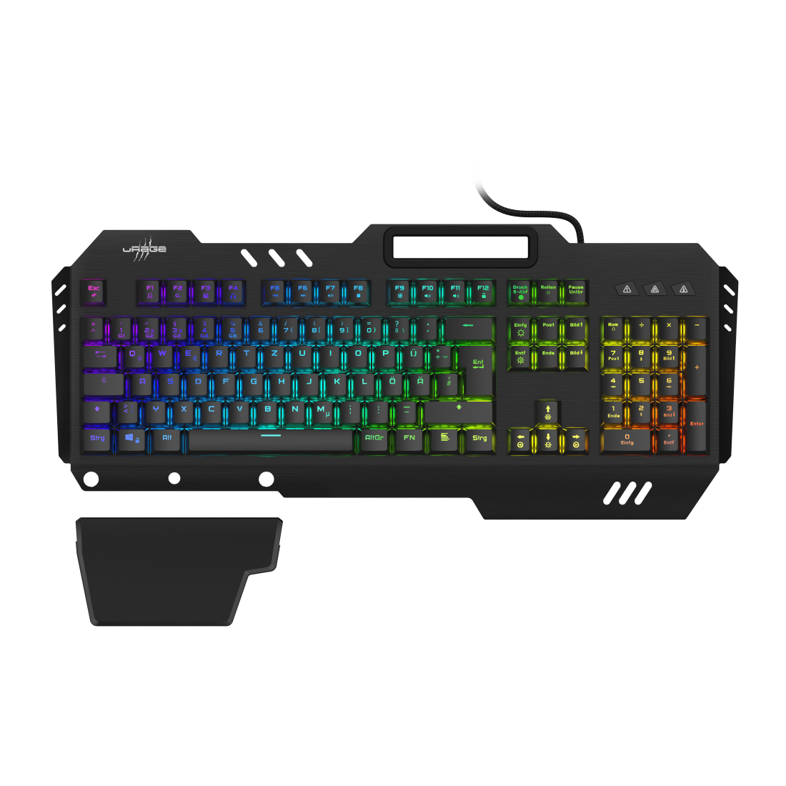 Schwarze Tastatur mit farbigen Tasten und schwarzer Handballenauflage. Die Tastatur hat einen Metallrand.