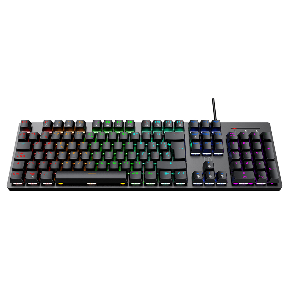 Czarna klawiatura dla graczy z kolorowymi podświetlanymi klawiszami. Klawisze są podświetlane.