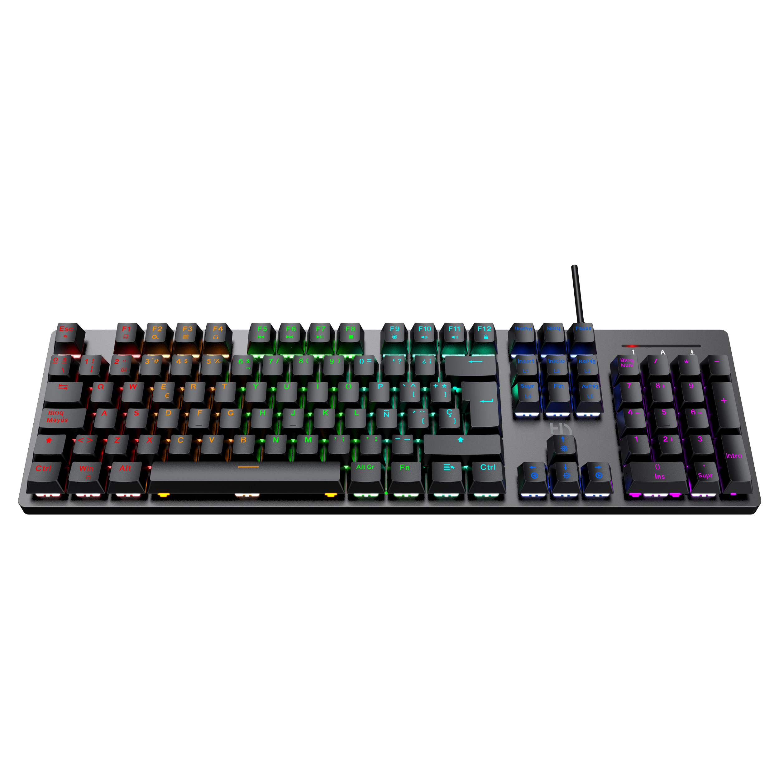 Teclado negro con teclas iluminadas. Tiene luces de colores en las teclas y el marco.
