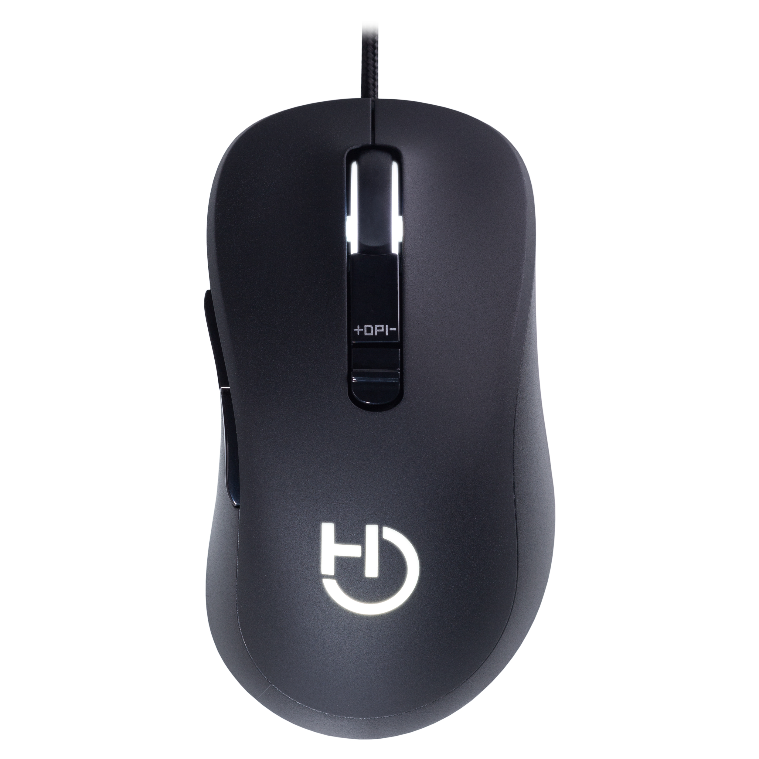 Un ratón de ordenador negro con un botón +DPI- y un logotipo brillante. Contra un fondo blanco.