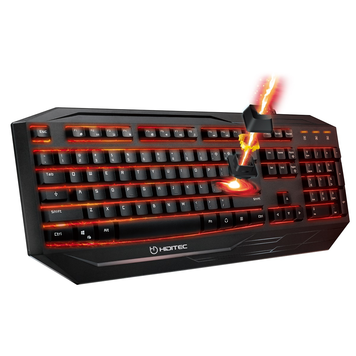 Teclado negro con retroiluminación naranja. Tiene un efecto de rayo y un puerto USB.