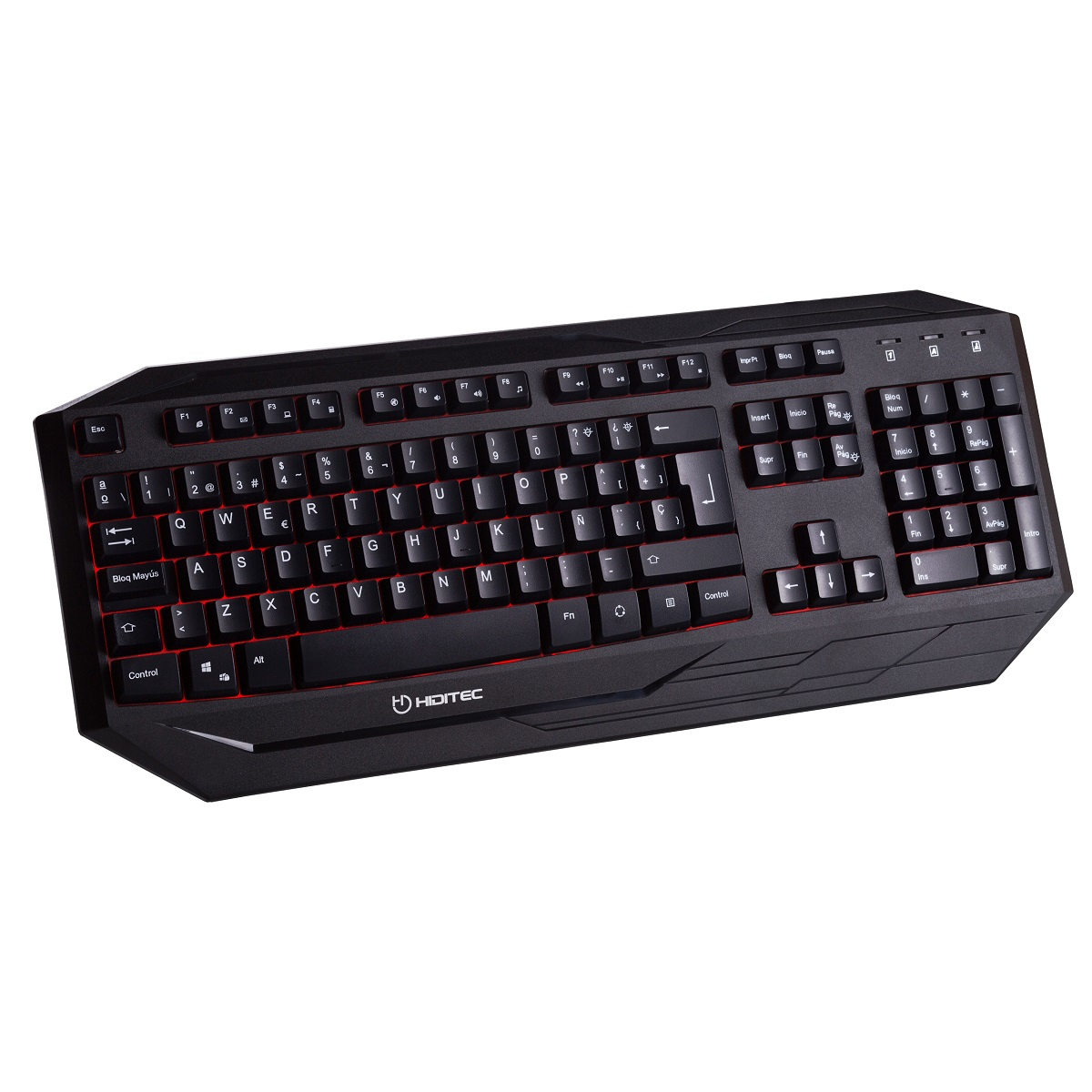 Teclado negro con teclas retroiluminadas en rojo. La marca HIDITEC es visible.