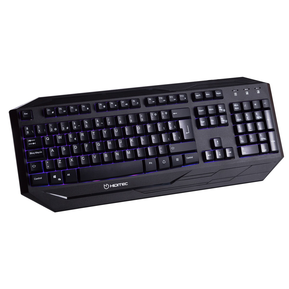Teclado gaming negro con teclas iluminadas. Diseño único con luces moradas.