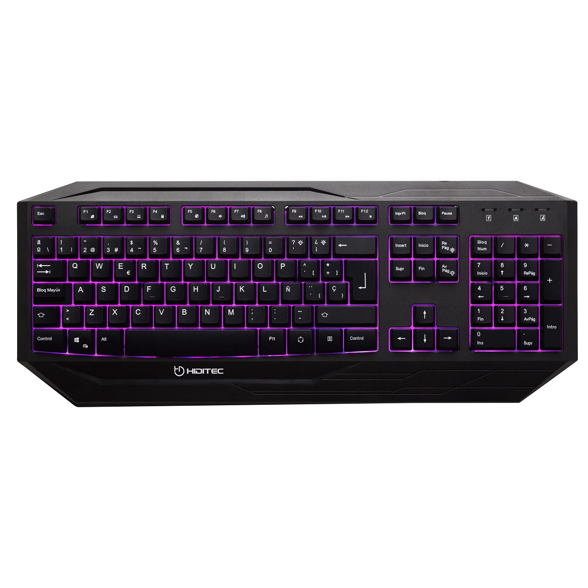 Teclado negro con teclas retroiluminadas en morado. La marca HIDITEC en el teclado.