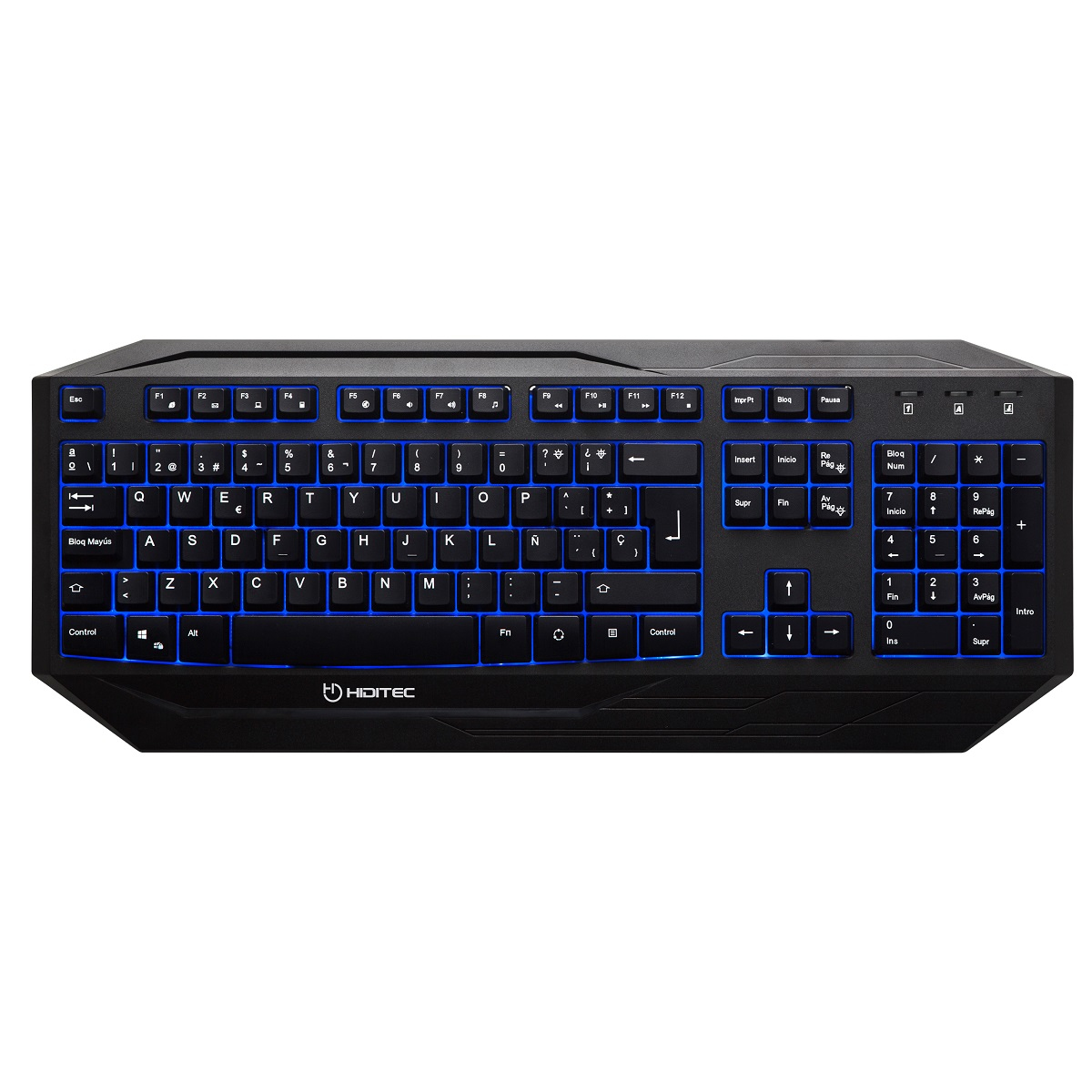 Teclado negro con teclas retroiluminadas en azul. Fondo blanco. Letras y símbolos visibles.
