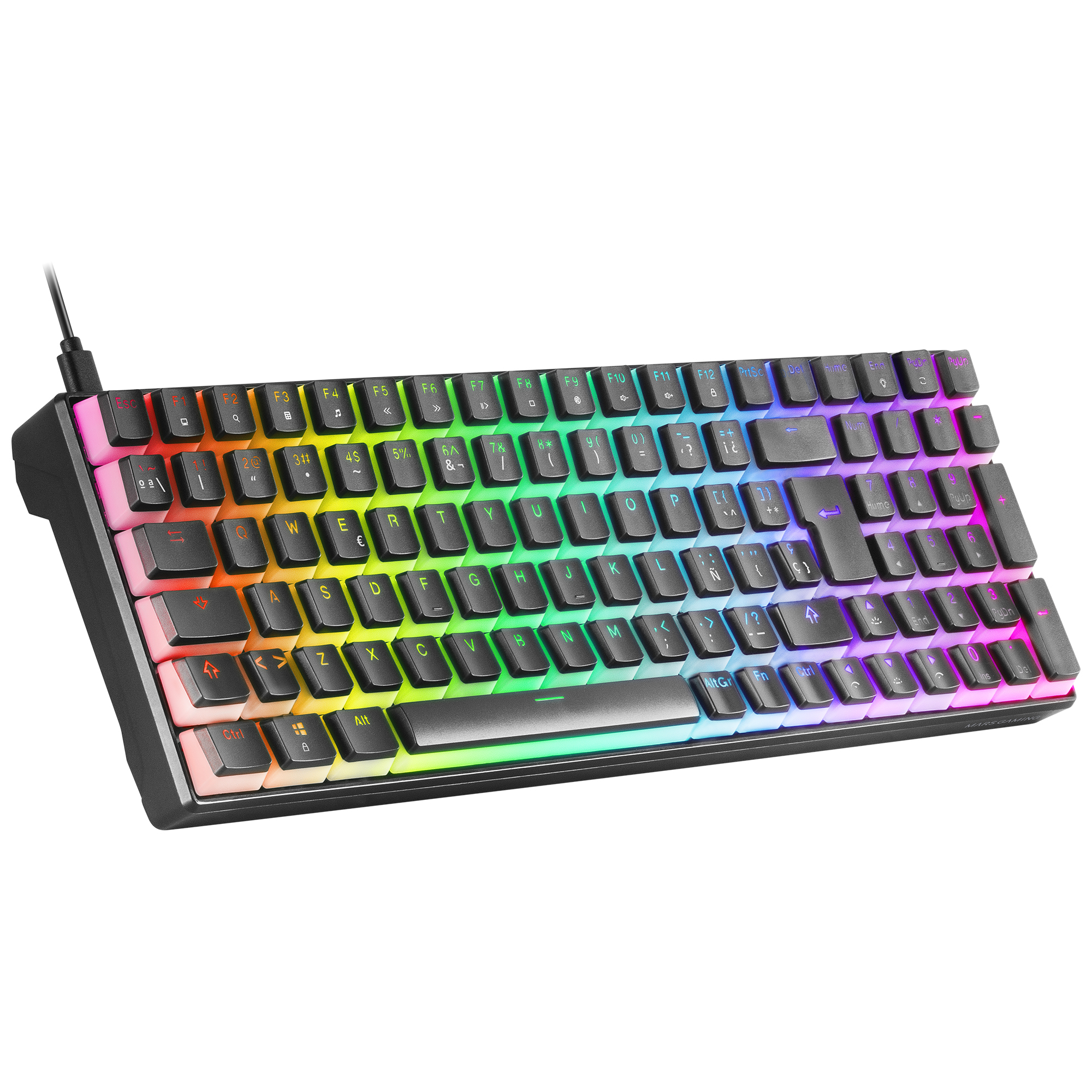 Schwarze Tastatur mit farbigen, hinterleuchteten Tasten. Die Tasten zeigen einen Regenbogenverlauf.