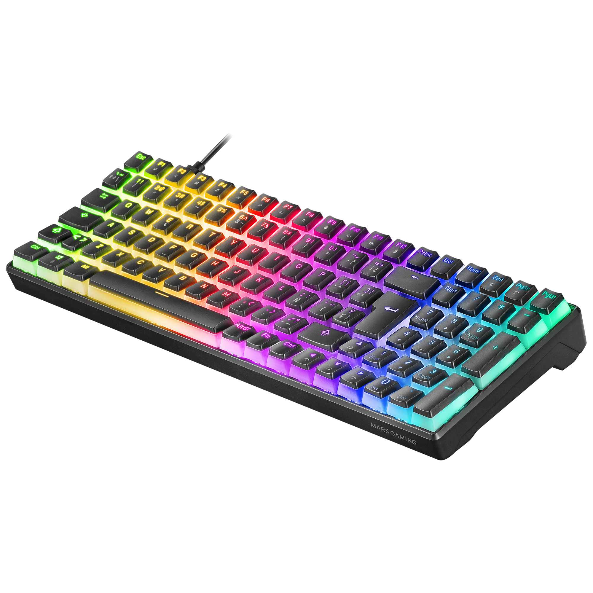 Gaming-Tastatur mit Regenbogenbeleuchtung auf Tasten und schwarzem Rahmen. Schräge Ansicht.