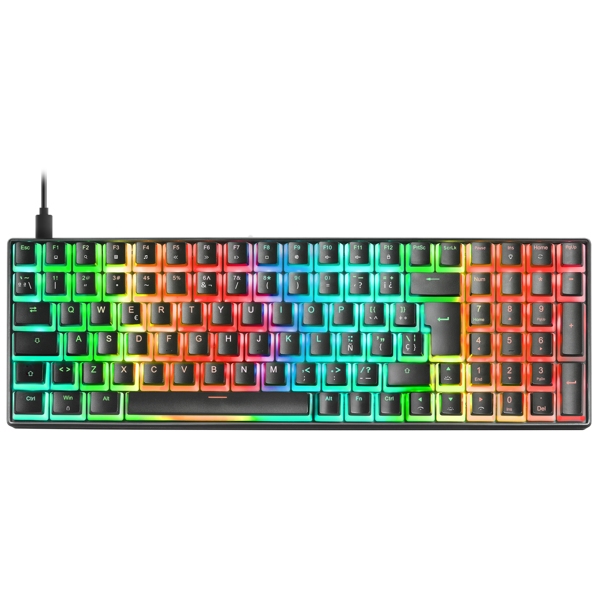 Teclado gaming con iluminación arcoíris, marco negro, fondo blanco.