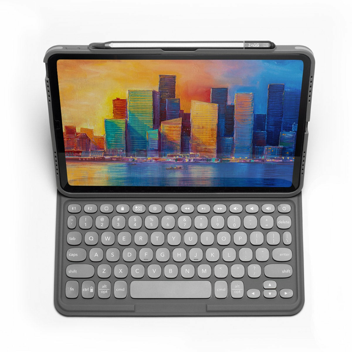 Una tablet con funda de teclado, mostrando una pintura colorida de un paisaje urbano. Lápiz adjunto.