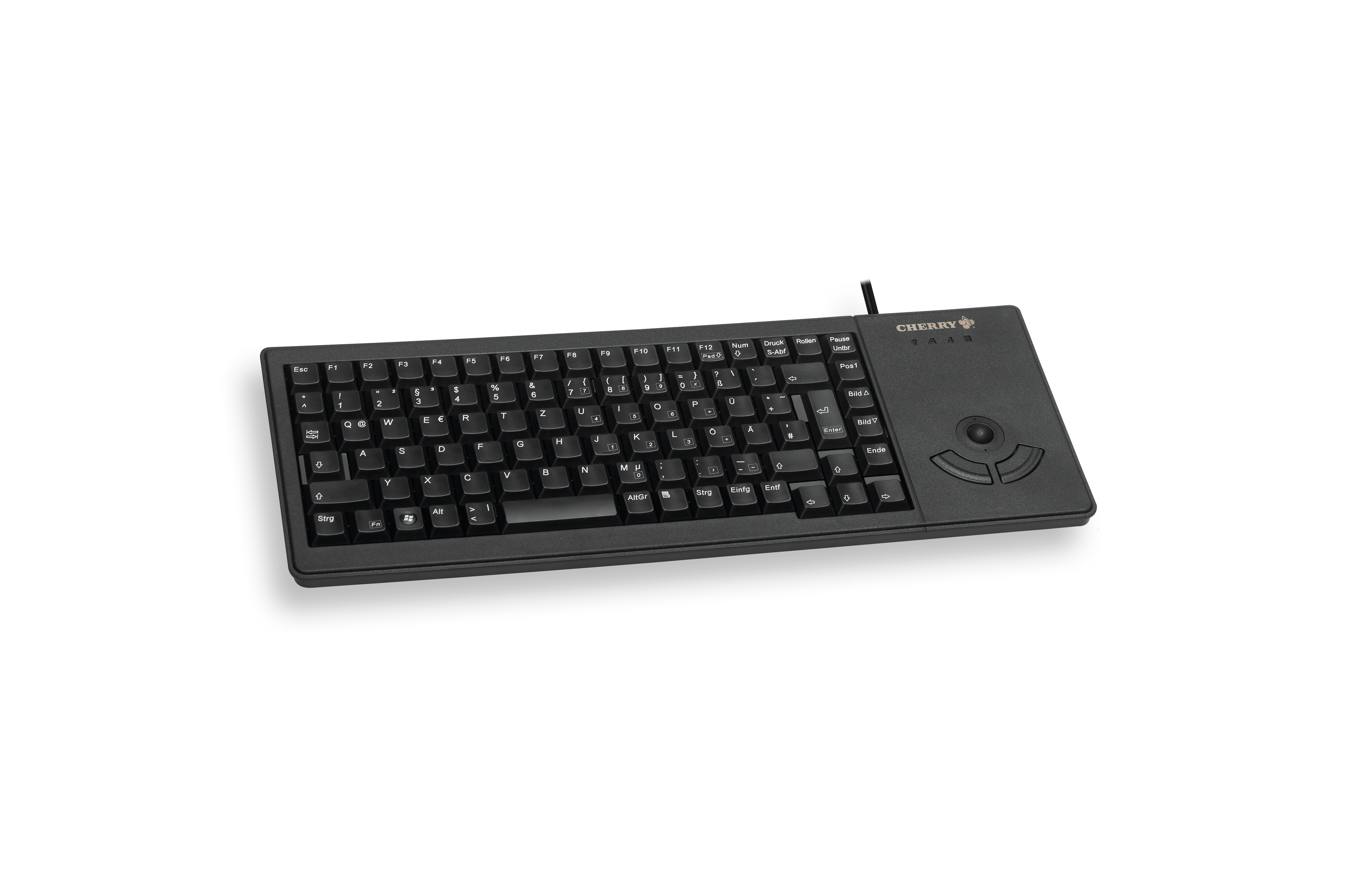 Tastiera nera con tasti neri e trackball sul lato destro. Logo Cherry visibile.